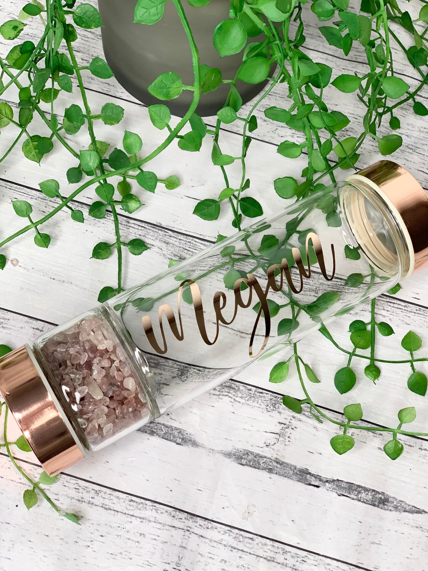 personalised name rose gold crystal water bottle with gemstone base and removable tea infuser Strawberry quartz