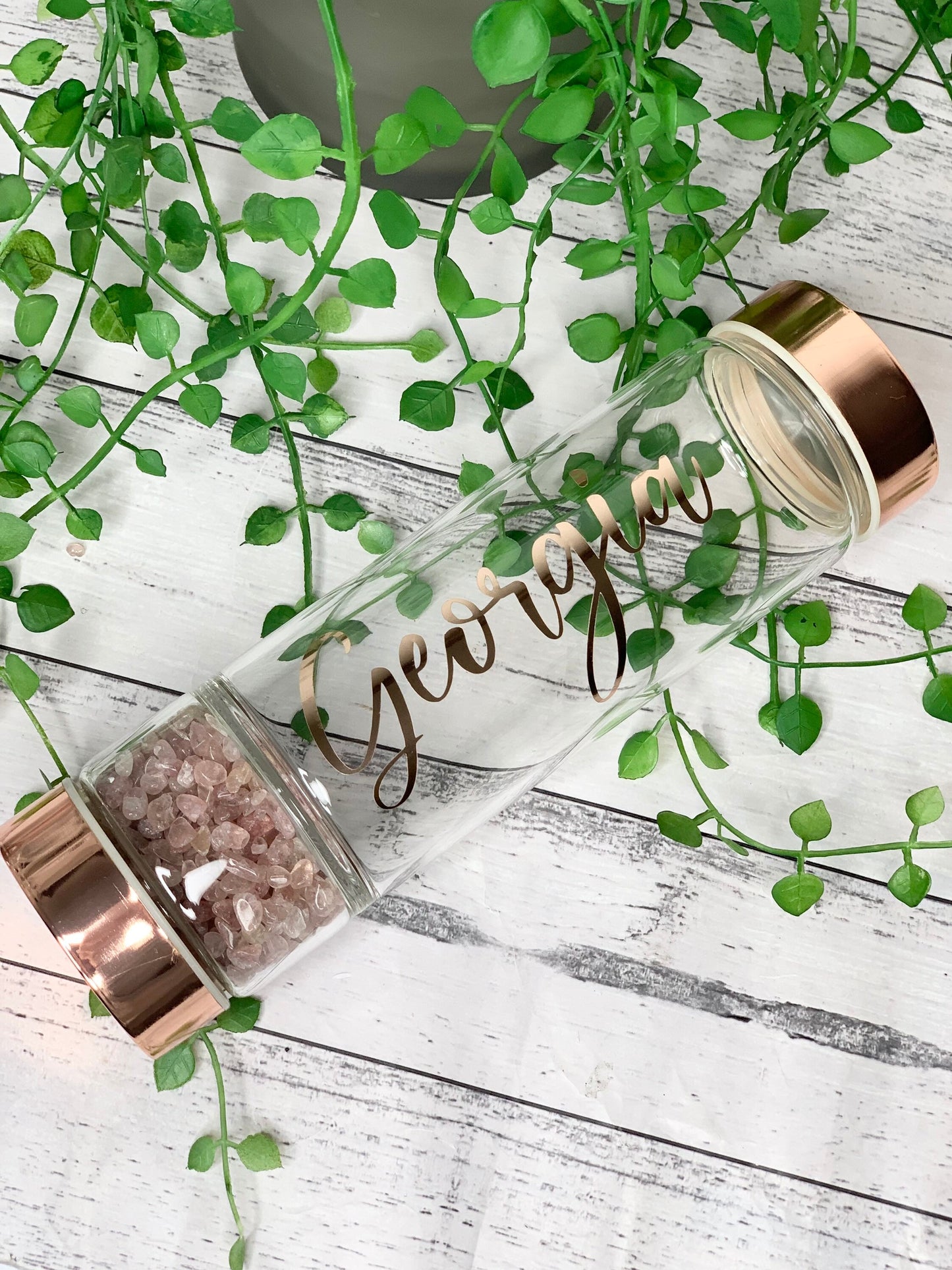personalised name rose gold crystal water bottle with gemstone base and removable tea infuser Strawberry quartz