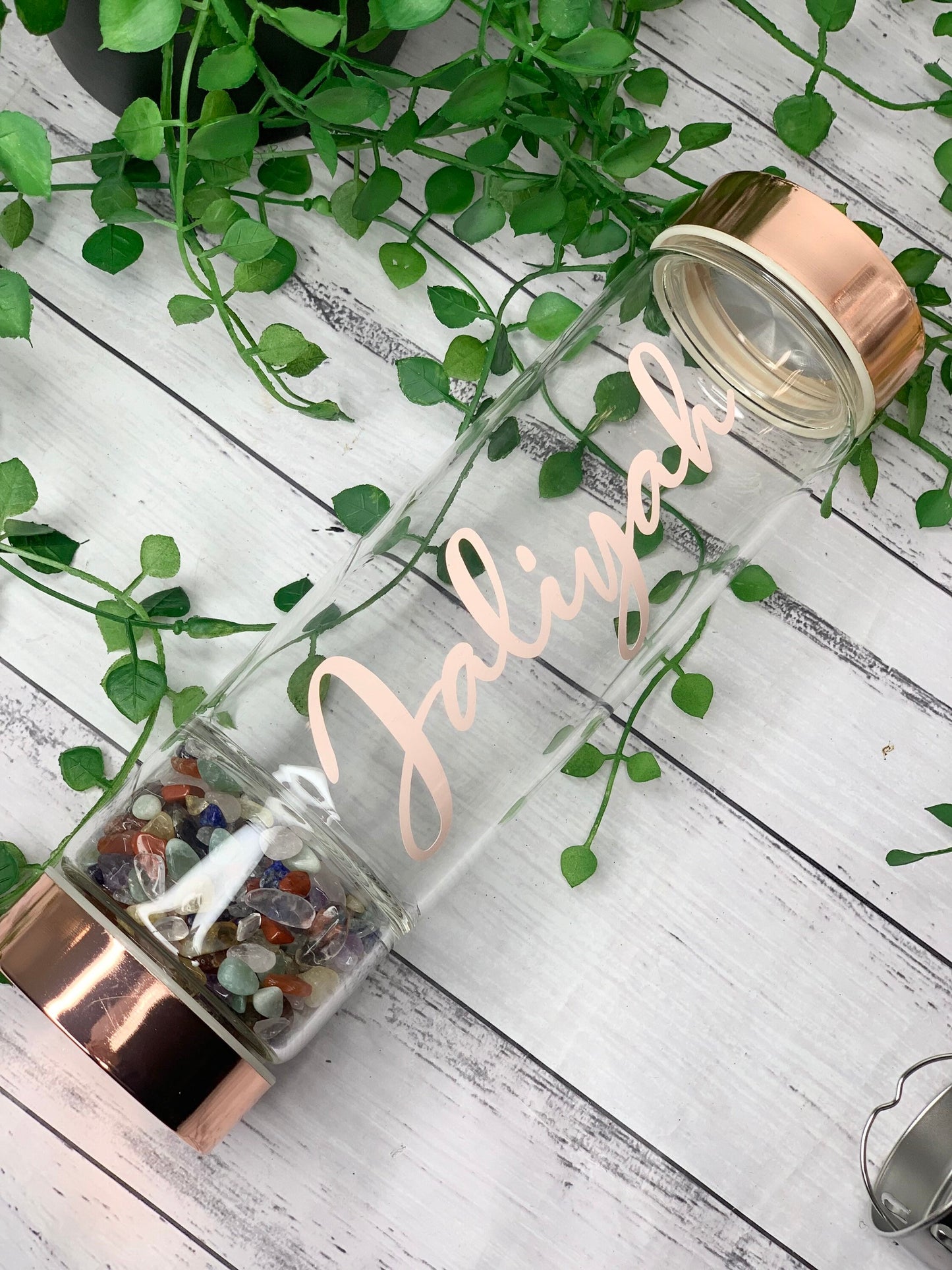 personalised name rose gold crystal water bottle with gemstone base and removable tea infuser chakra stone
