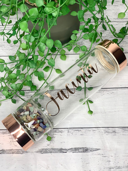 personalised name rose gold crystal water bottle with gemstone base and removable tea infuser chakra stone