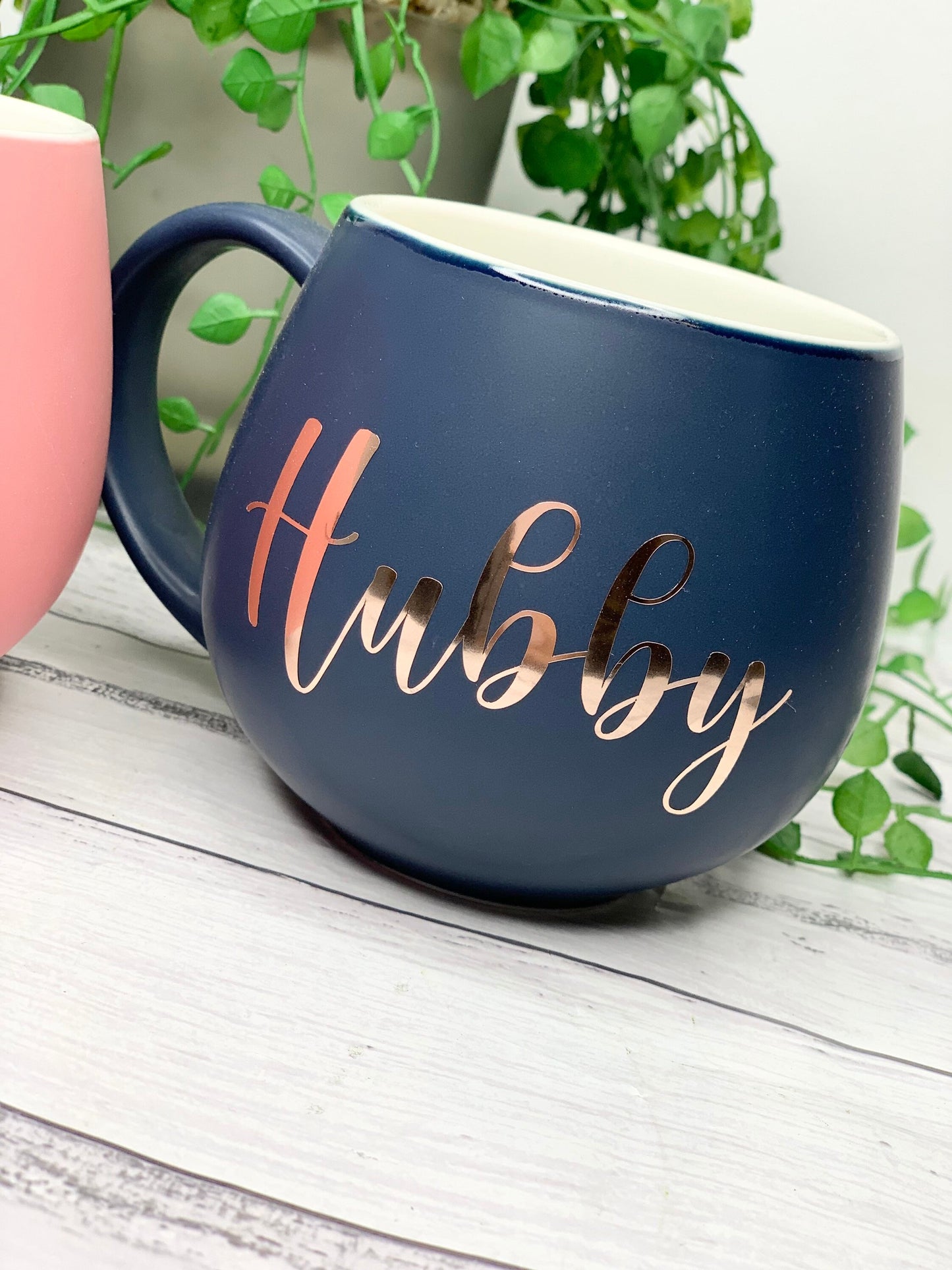 Hubby and wifey Coral and Navy Hug mug set 450ml