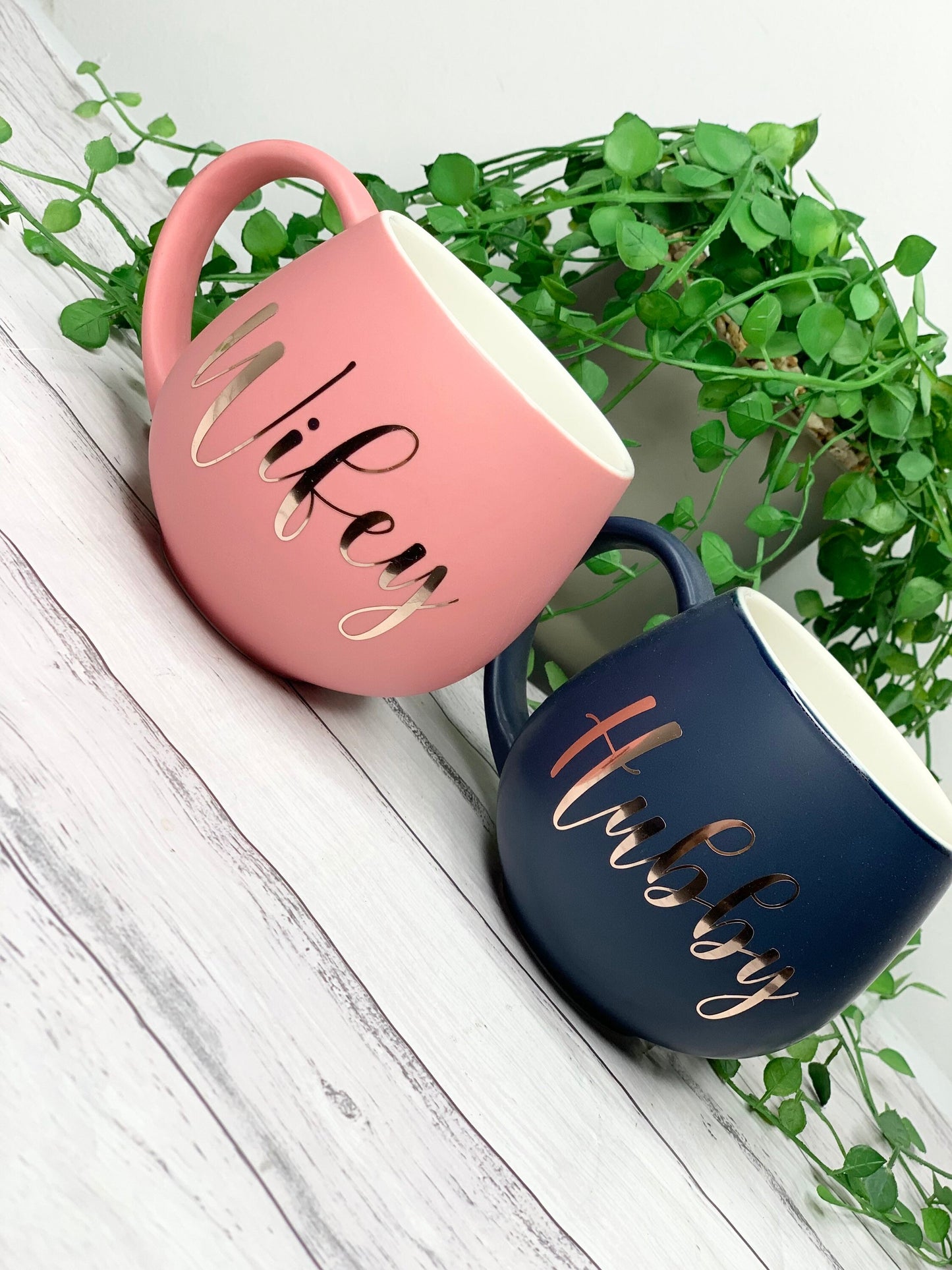Hubby and wifey Coral and Navy Hug mug set 450ml