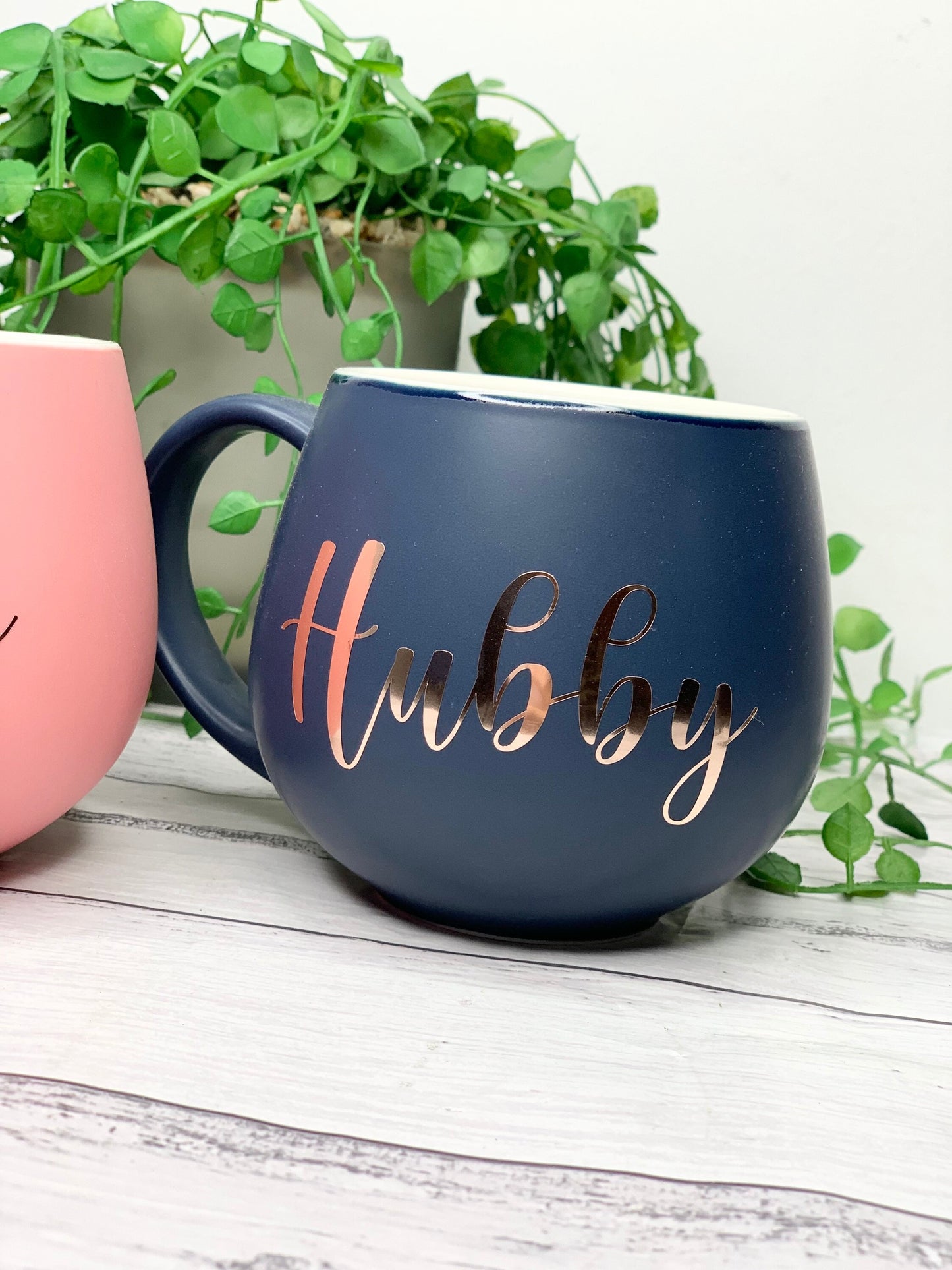 Hubby and wifey Coral and Navy Hug mug set 450ml