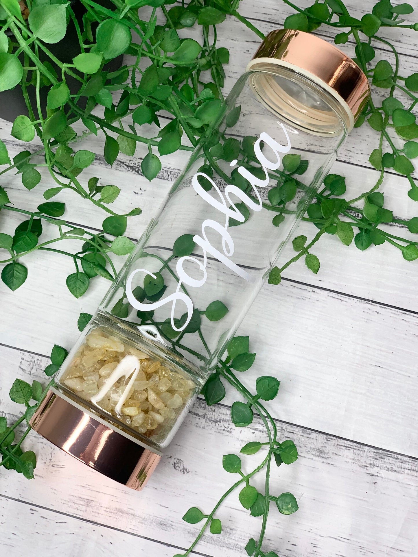 personalised name rose gold crystal water bottle with gemstone base and removable tea infuser citrine crystals