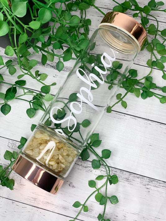 personalised name rose gold crystal water bottle with gemstone base and removable tea infuser citrine crystals
