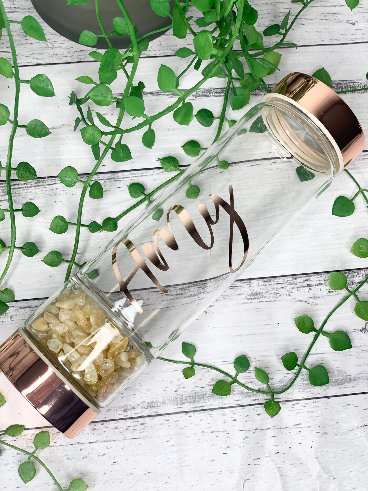 personalised name rose gold crystal water bottle with gemstone base and removable tea infuser citrine crystals