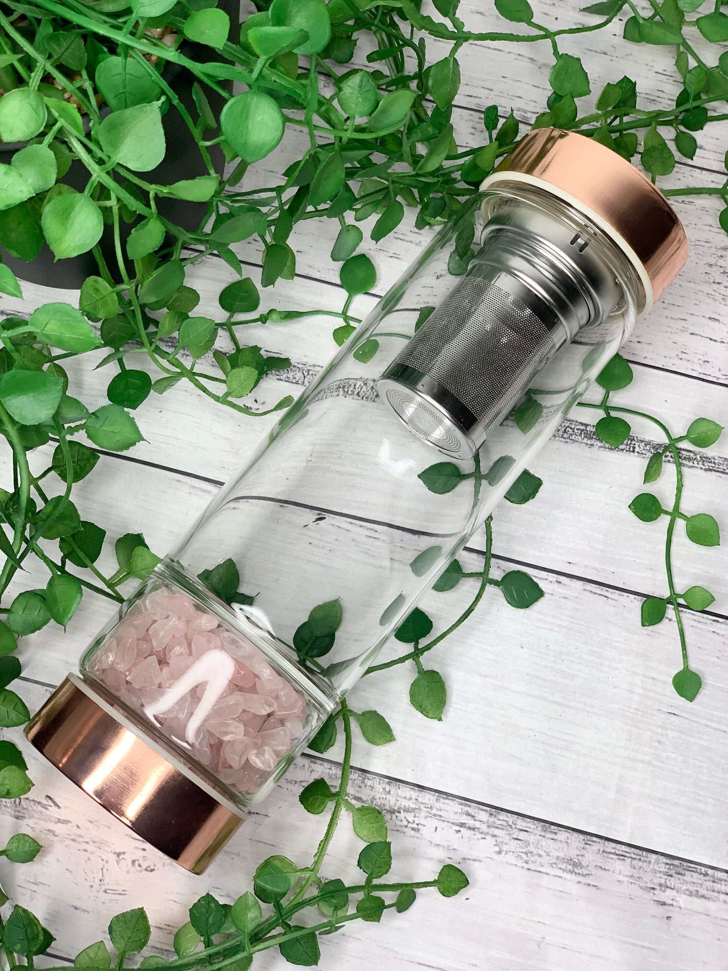 personalised name rose gold crystal water bottle with gemstone base and removable tea infuser Strawberry quartz