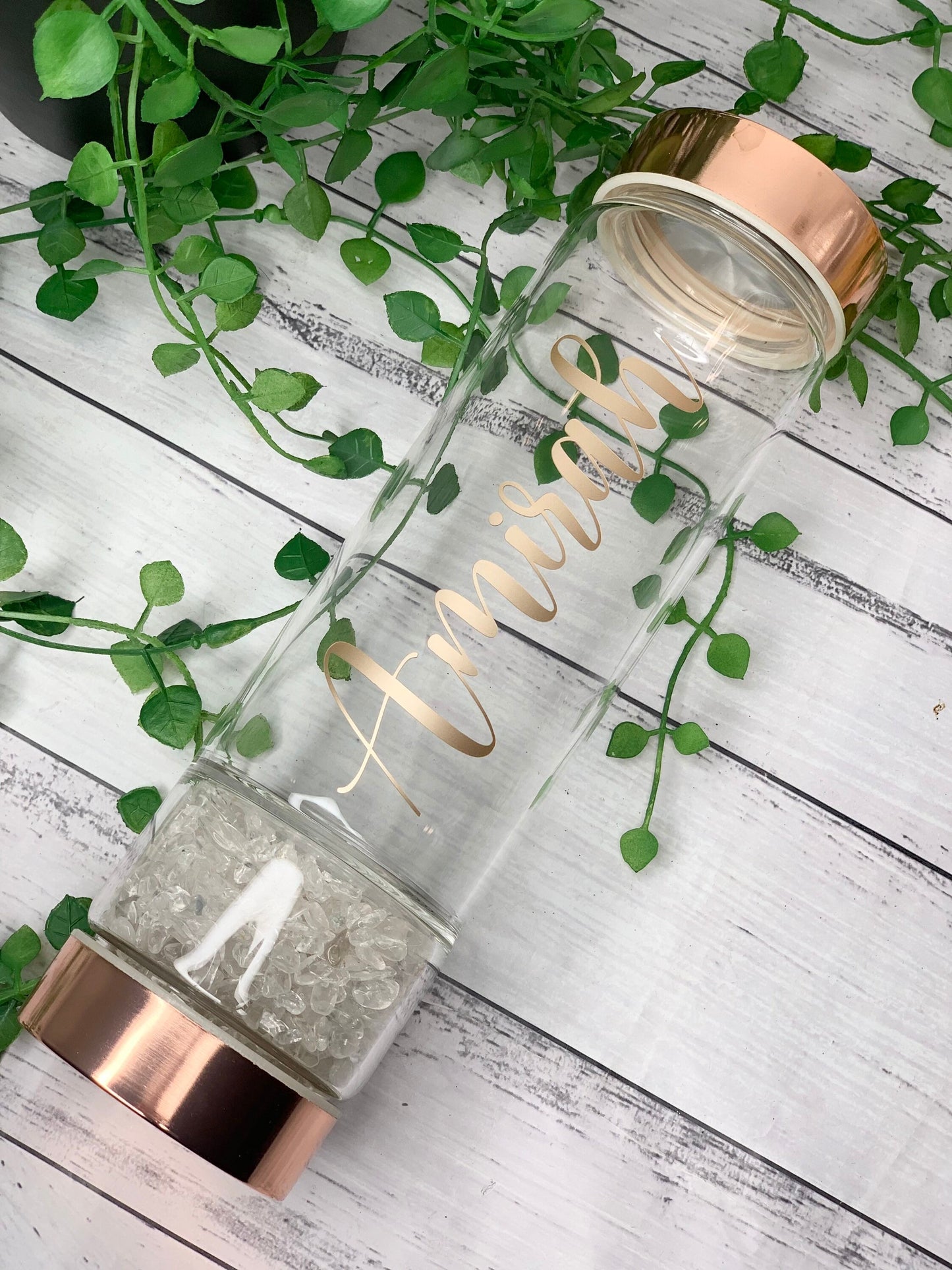 personalised name rose gold crystal water bottle with gemstone base and removable tea infuser Clear crystals