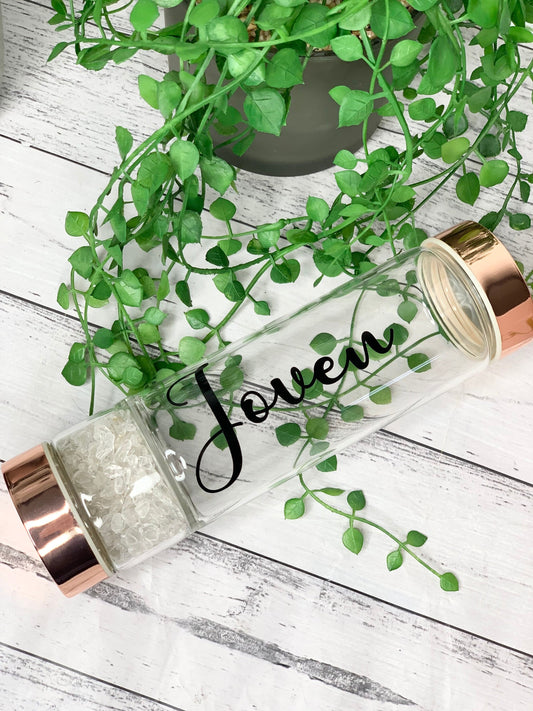 personalised name rose gold crystal water bottle with gemstone base and removable tea infuser Clear crystals