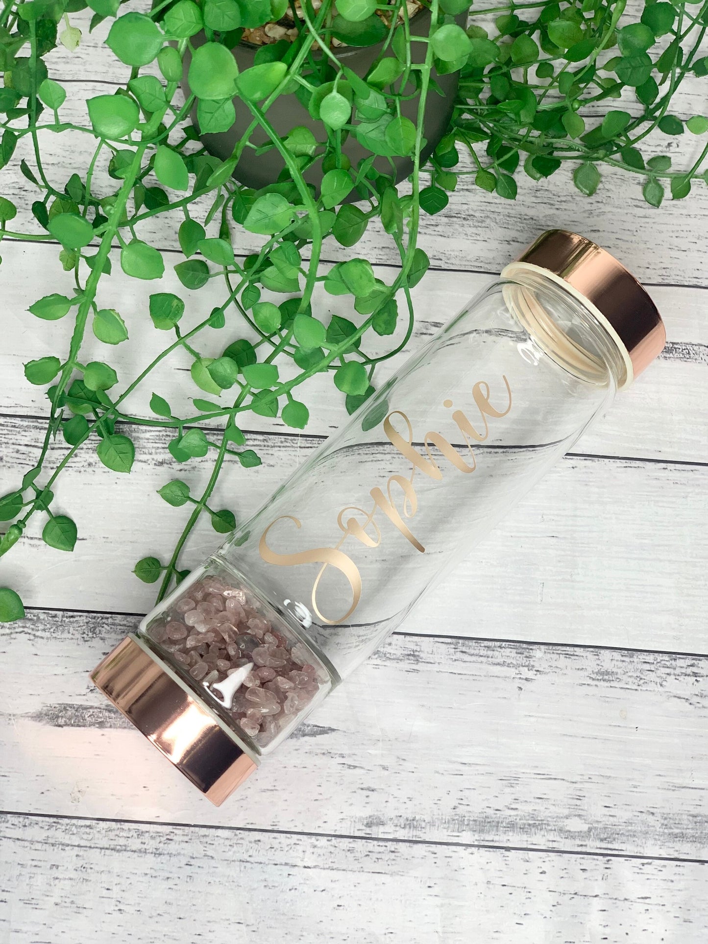 personalised name rose gold crystal water bottle with gemstone base and removable tea infuser Strawberry quartz