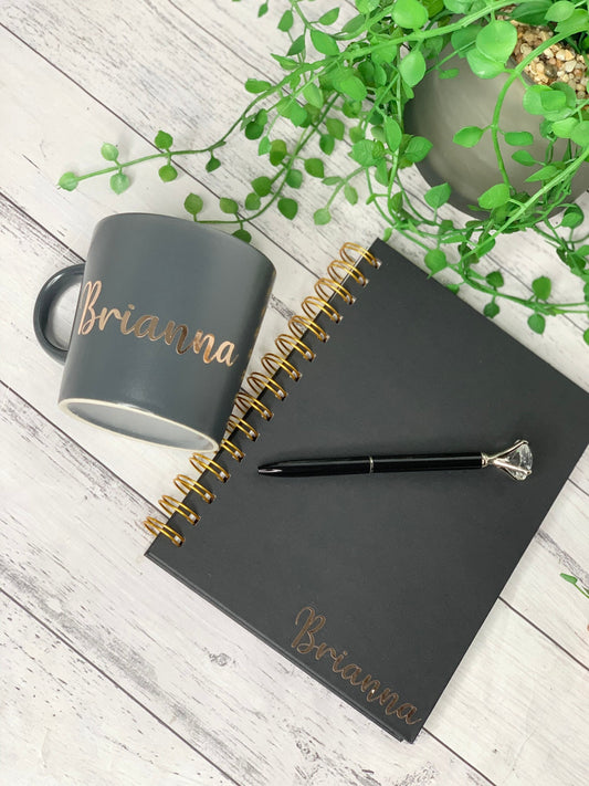 Personalised Black Mug and notebook gift set