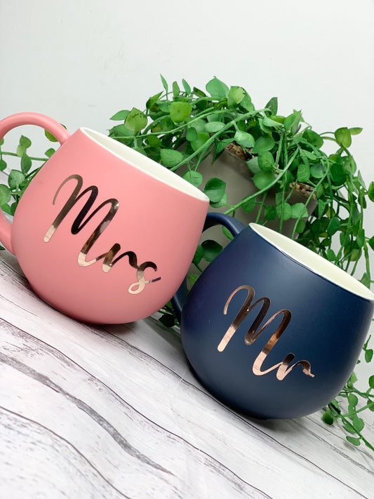 Mr and Mrs  Coral and Navy couple Hug mug set 450ml