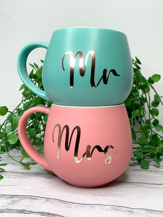 Mr and Mrs  Coral and Aqua couple Hug mug set 450ml