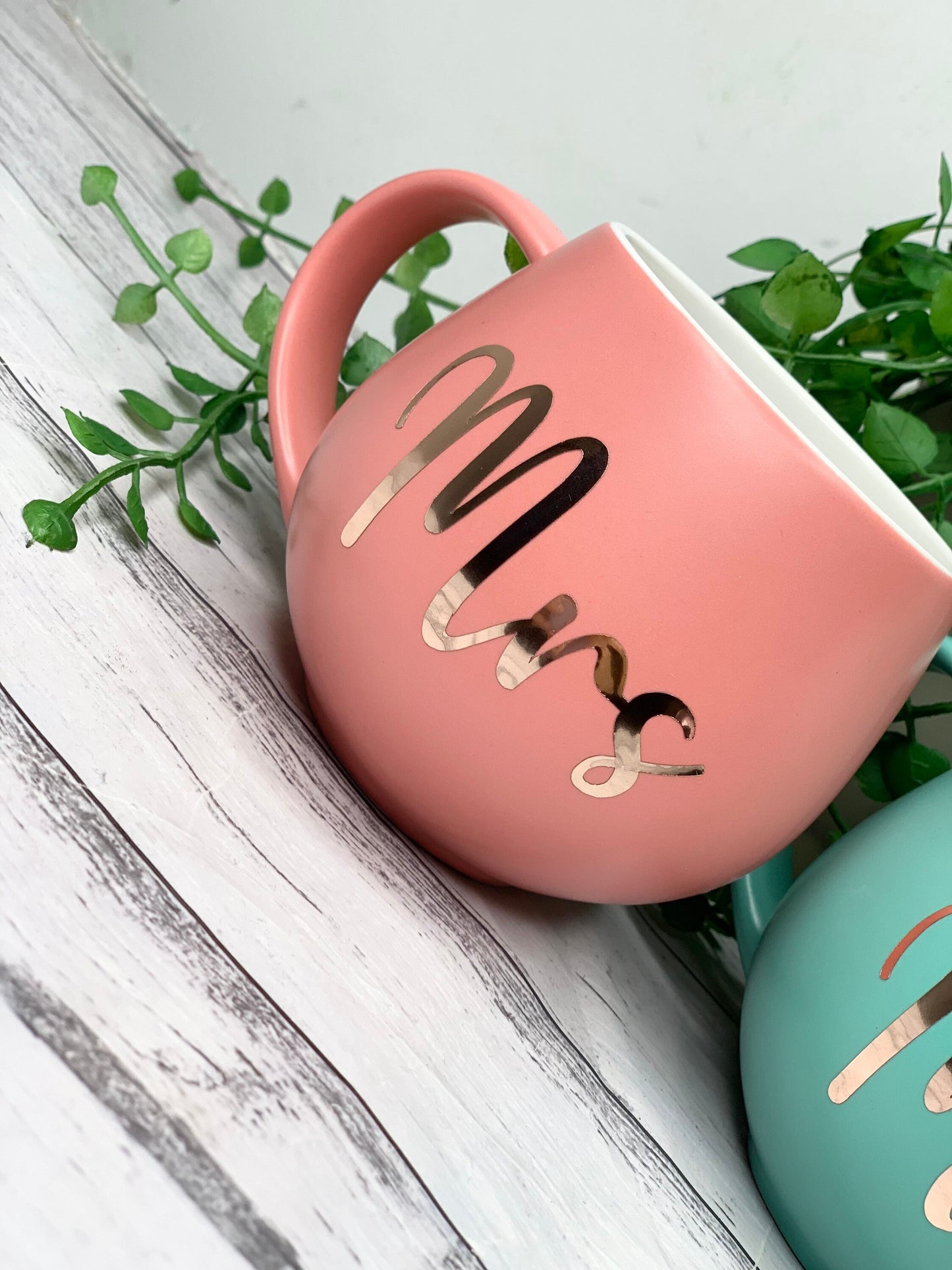 Mr and Mrs  Coral and Aqua couple Hug mug set 450ml