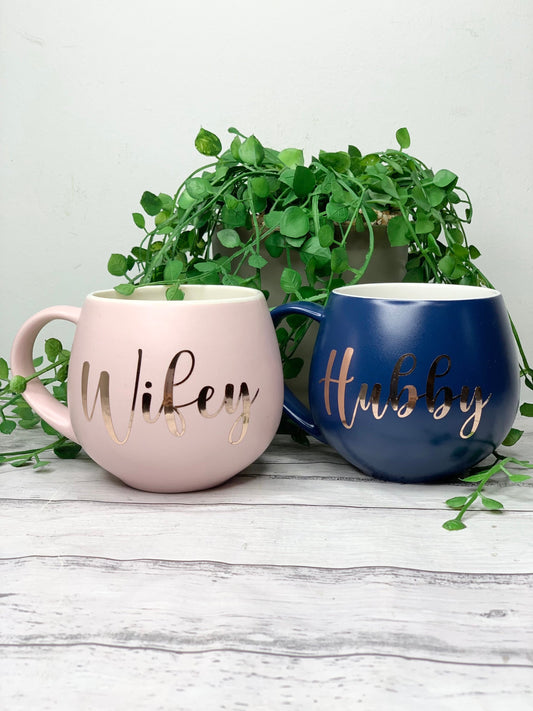 Hubby and wifey Pink and Navy hug mug set  450ml
