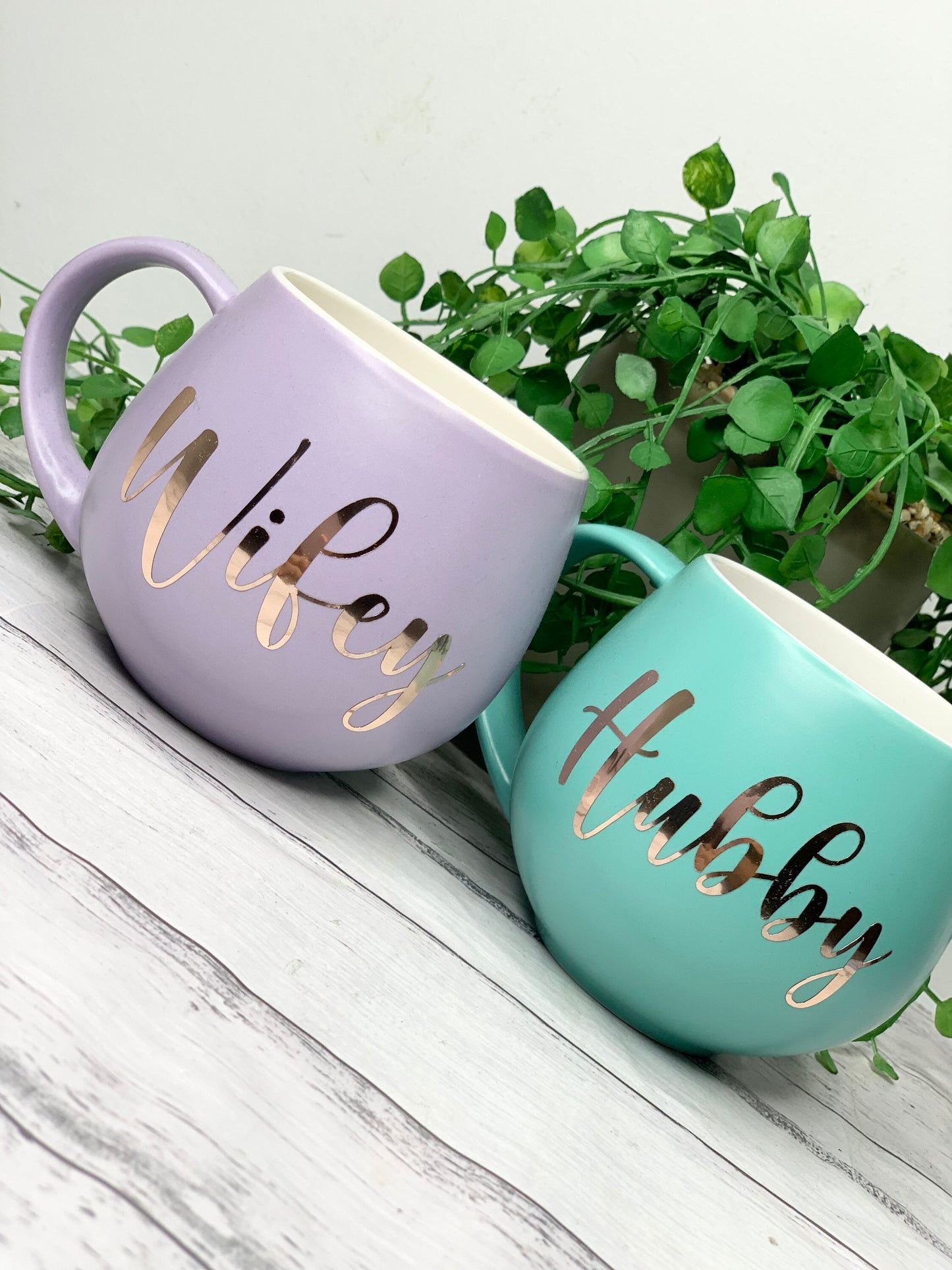 Hubby and wifey Purple and Aqua hug mug set  450ml couple set