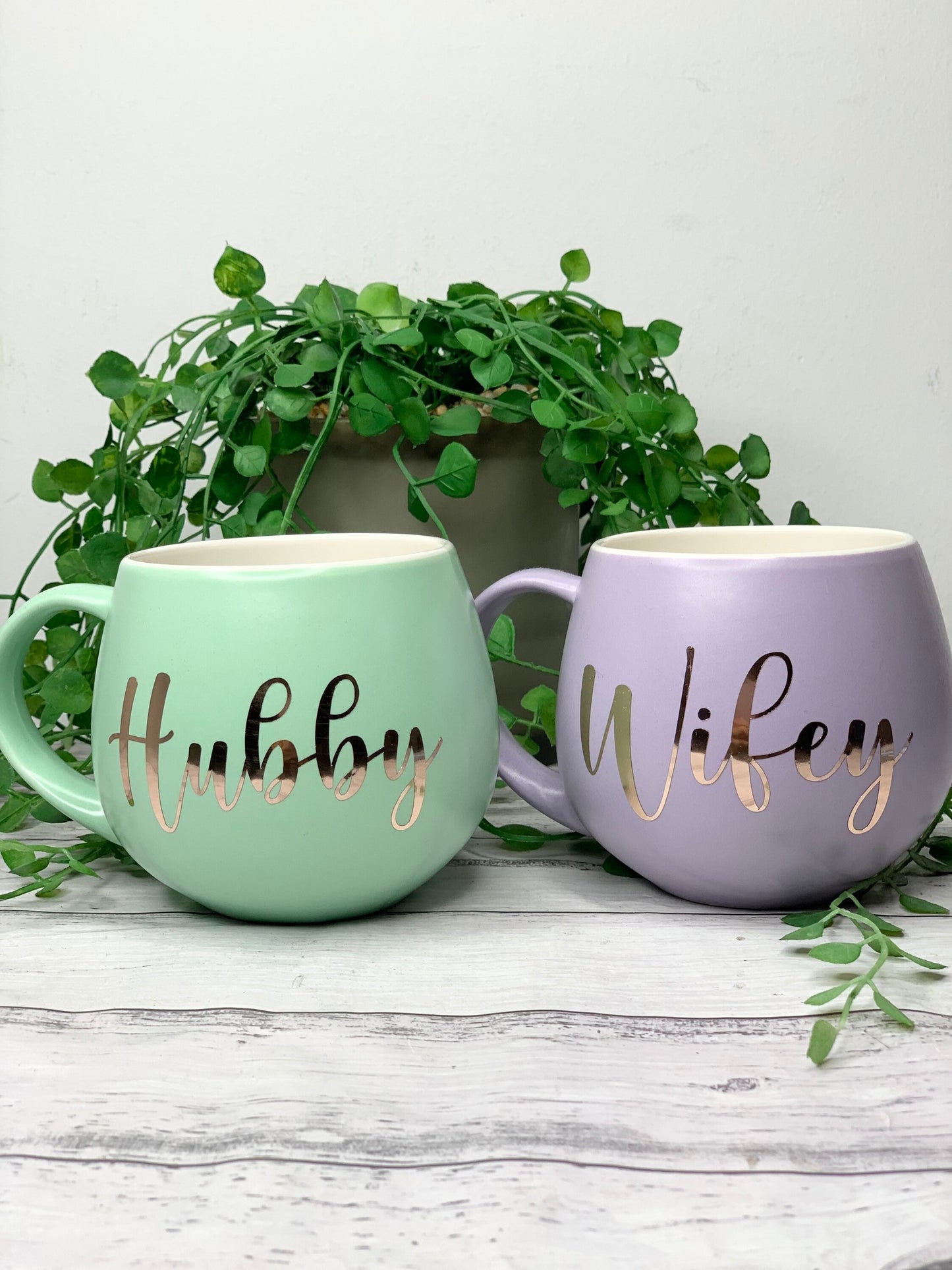 Hubby and wifey Purple and Lime hug mug set  450ml couple set