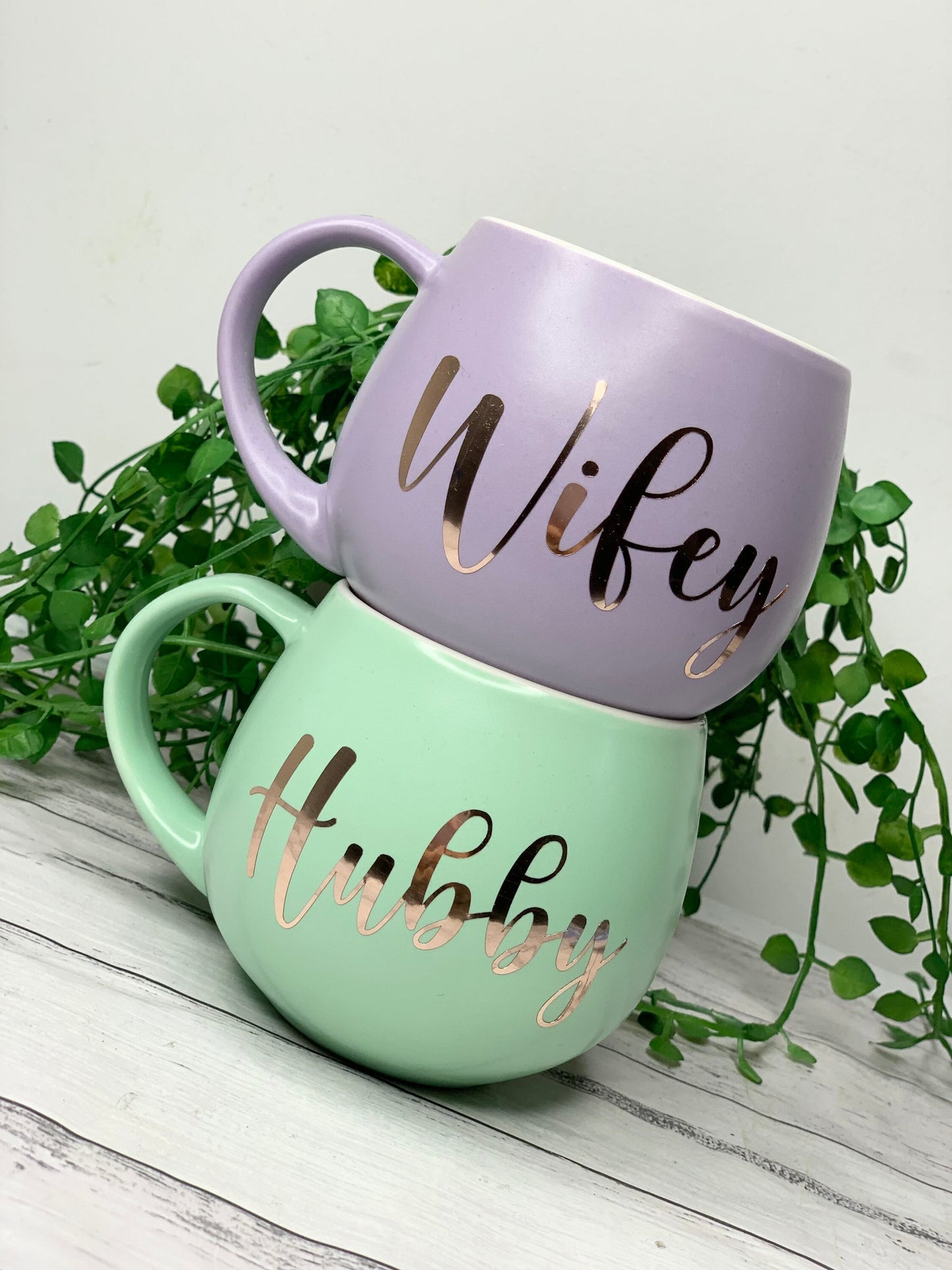 Hubby and wifey Purple and Lime hug mug set  450ml couple set