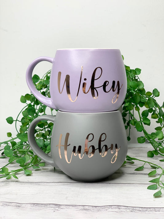 Hubby and wifey Purple and Charcoal hug mug set  450ml couple set
