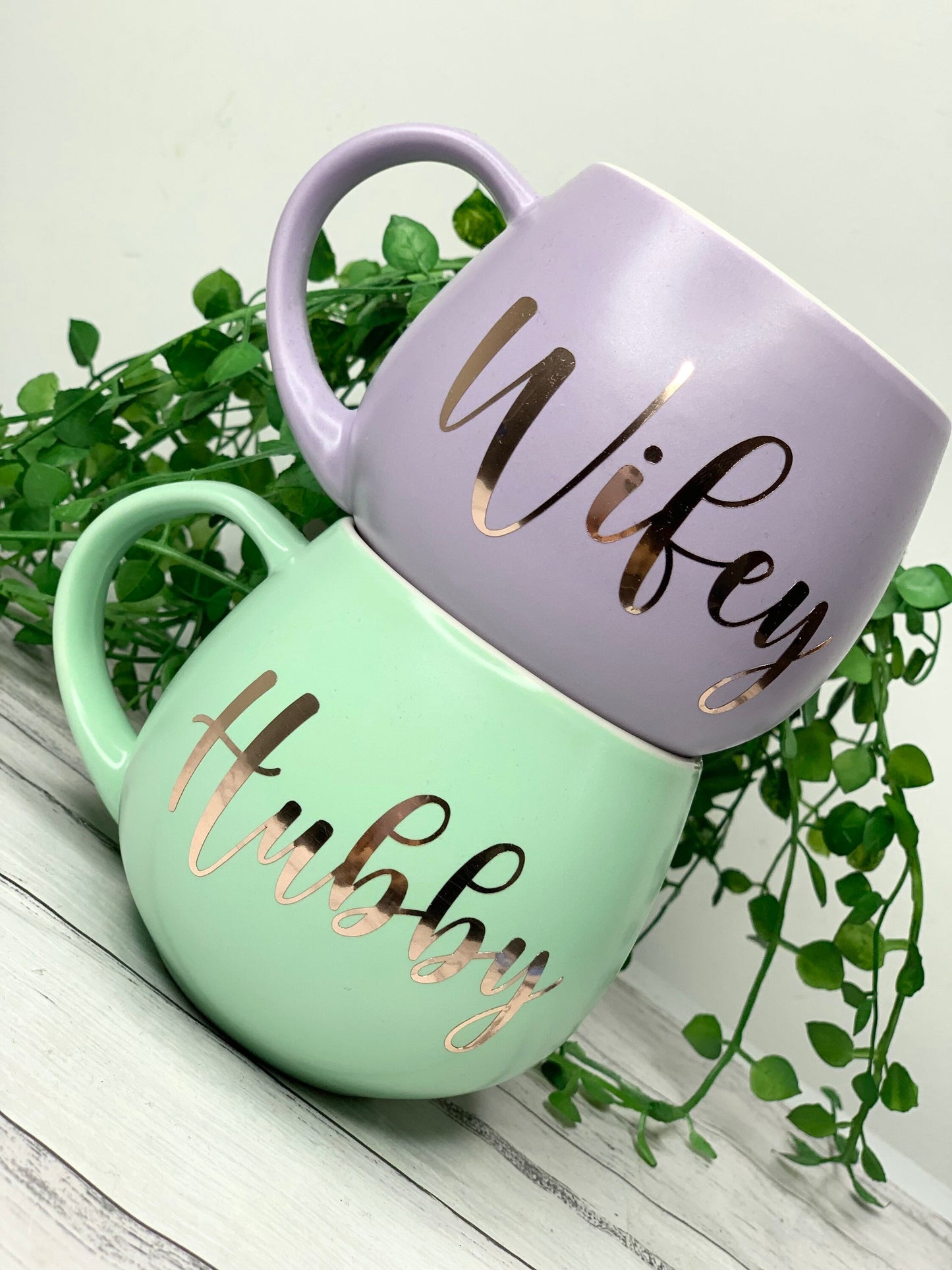 Hubby and wifey Purple and Lime hug mug set  450ml couple set
