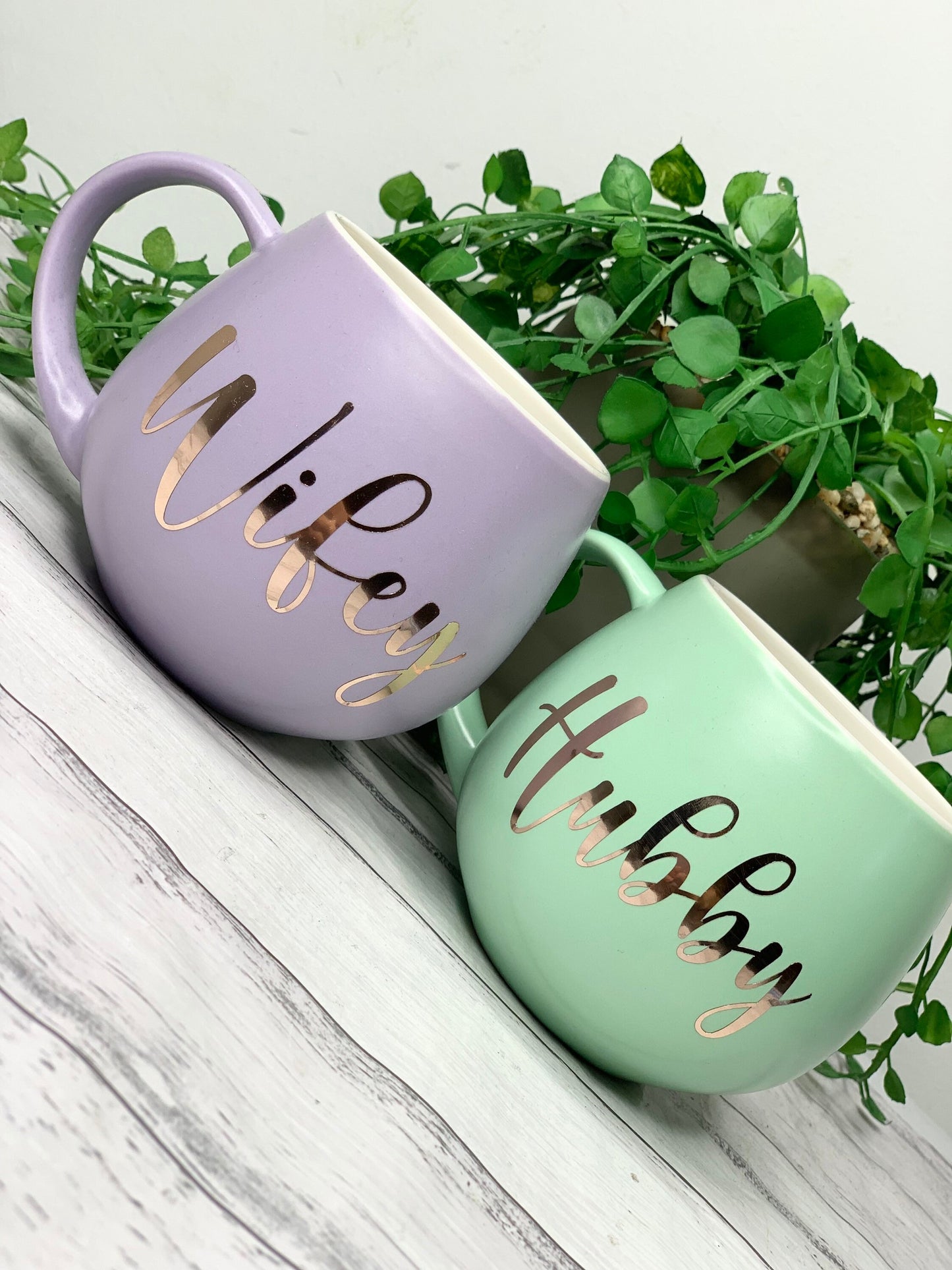 Hubby and wifey Purple and Lime hug mug set  450ml couple set