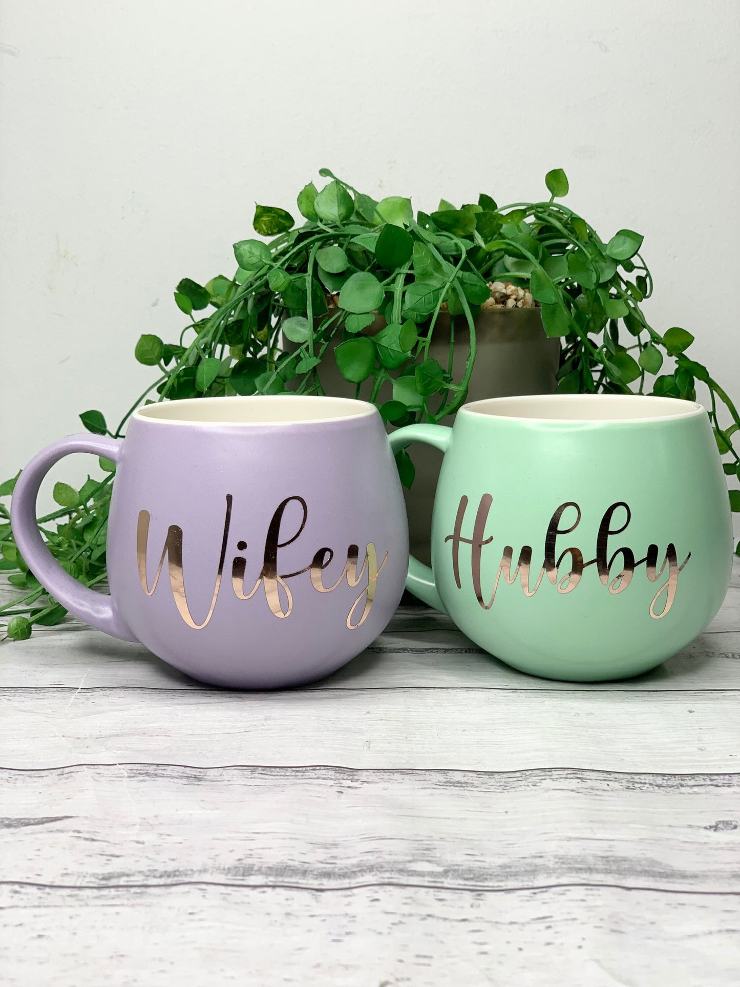 Hubby and wifey Purple and Lime hug mug set  450ml couple set