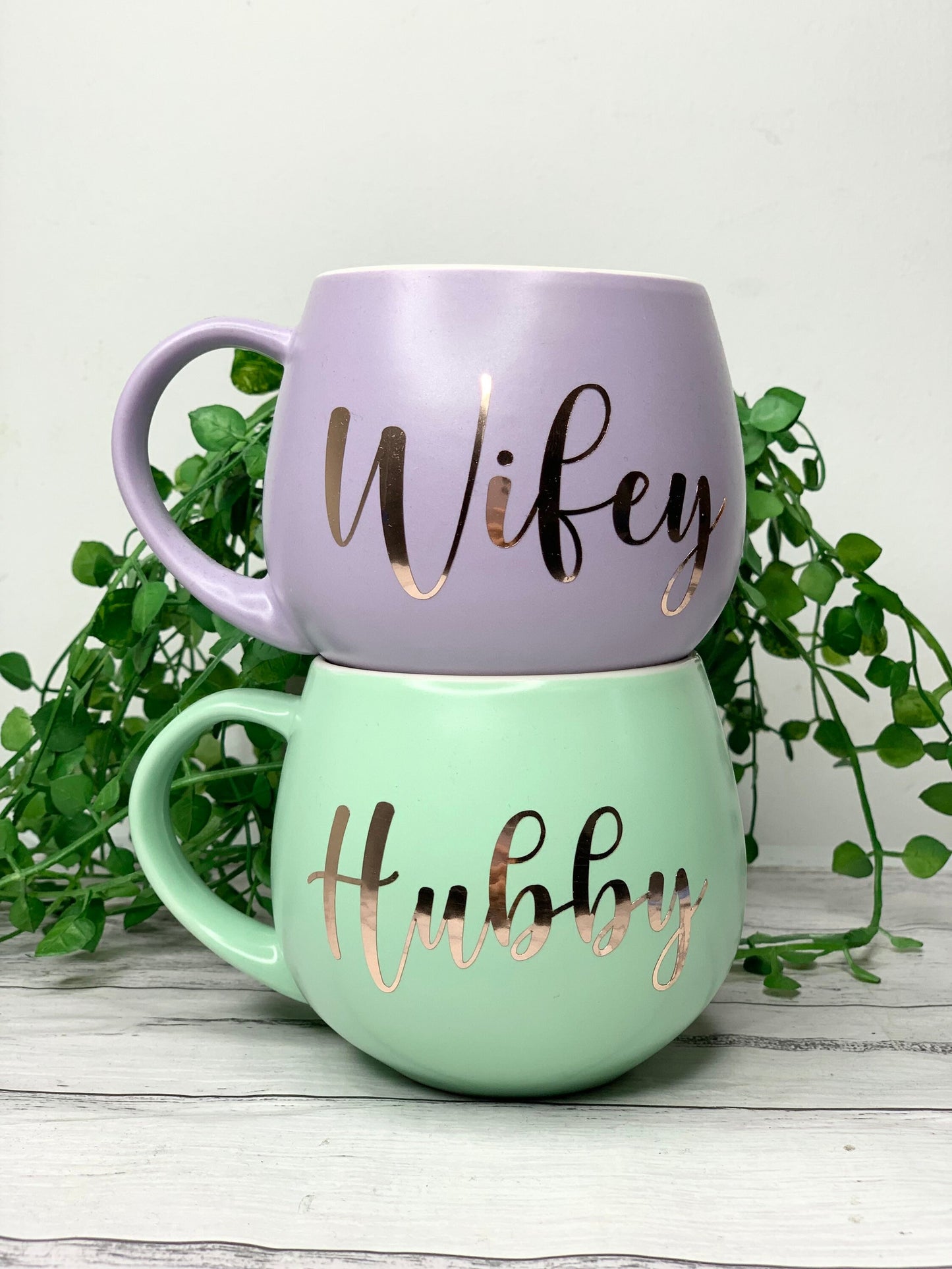 Hubby and wifey Purple and Lime hug mug set  450ml couple set