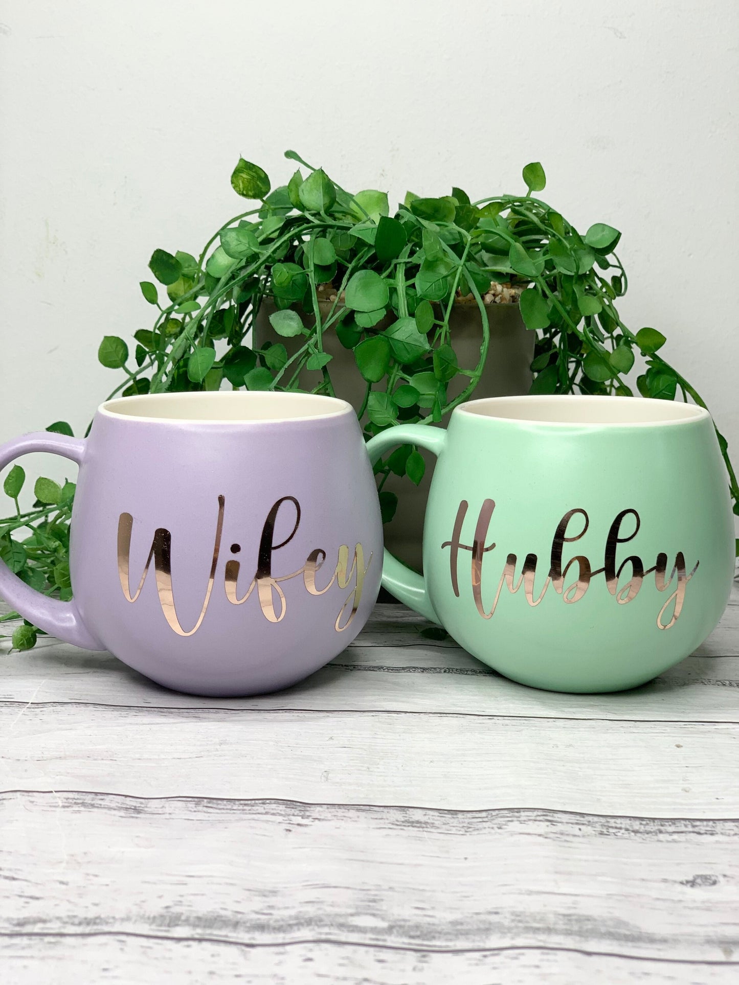Hubby and wifey Purple and Lime hug mug set  450ml couple set