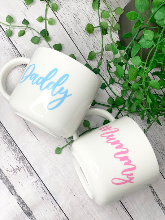 Mummy and Daddy 440ml mugs coffee cups parents blue and pink
