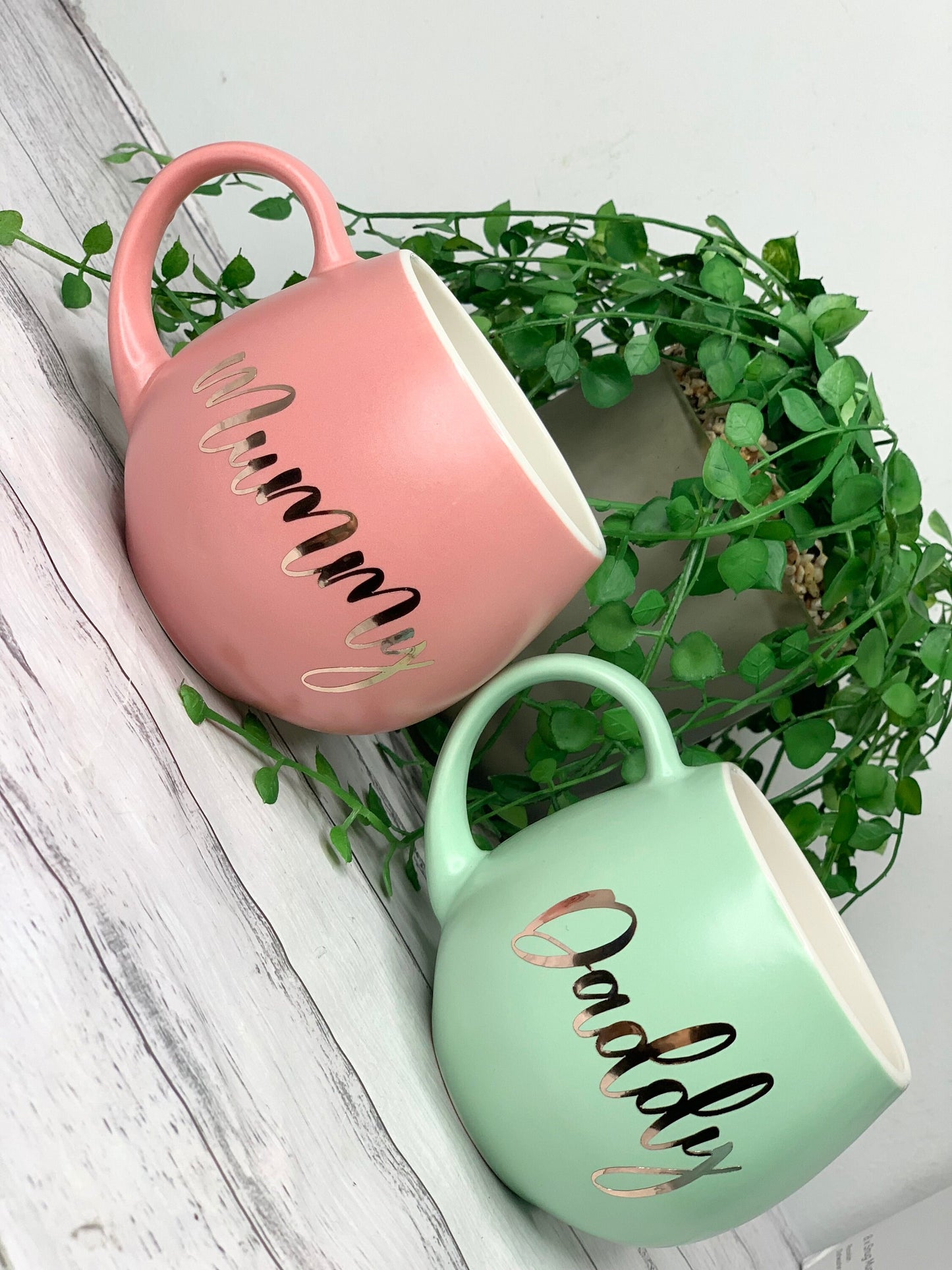 Mummy and Daddy  Coral and lime hug mug set  450ml couple set