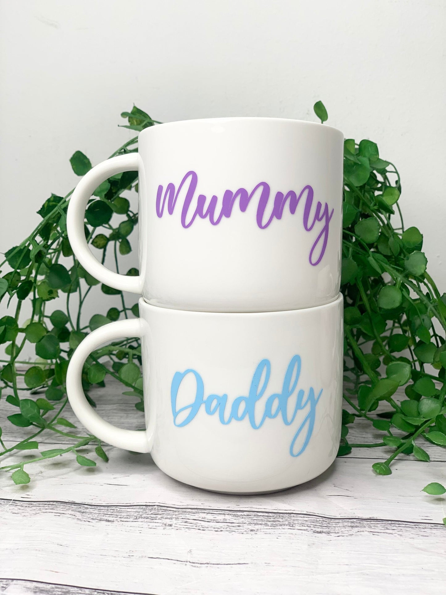 Mummy and Daddy 440ml mugs coffee cups parents blue and purple