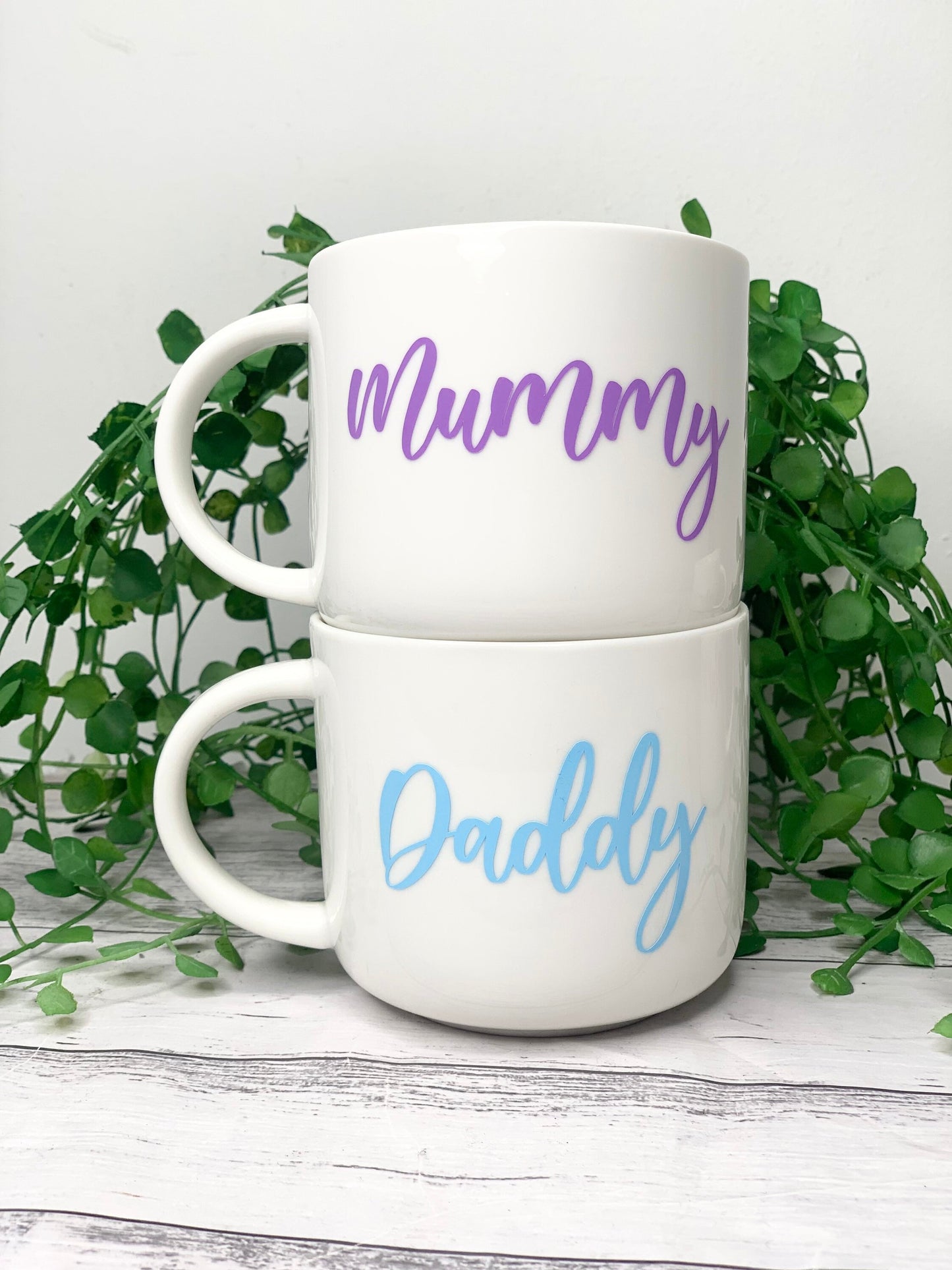 Mummy and Daddy 440ml mugs coffee cups parents blue and purple