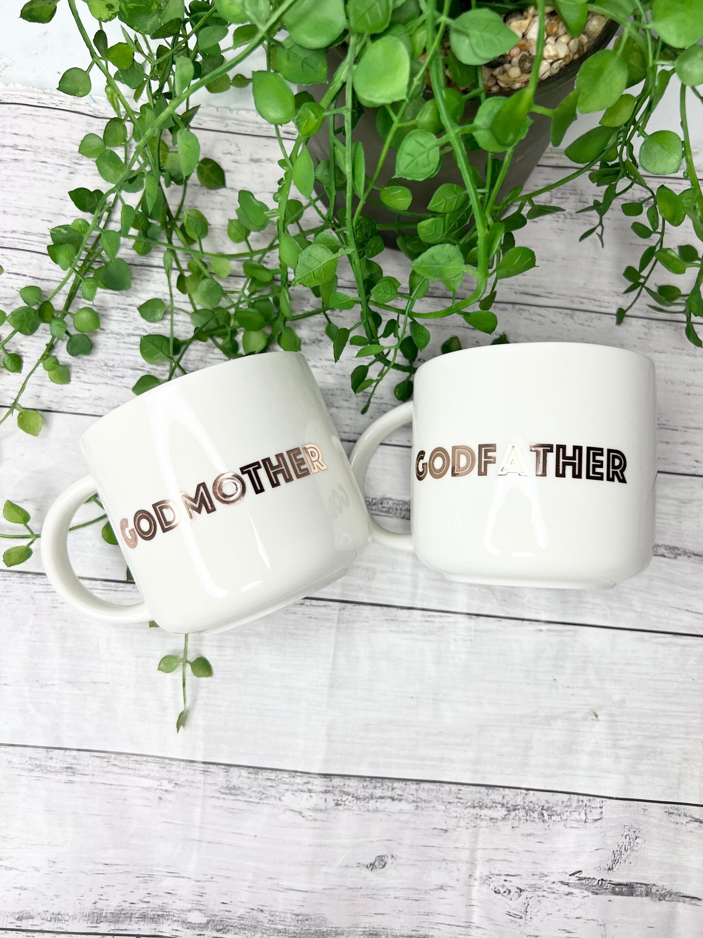 Godmother and Godfather 440ml mugs coffee cups gifts rose gold set bold font