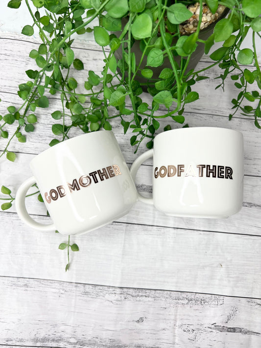 Godmother and Godfather 440ml mugs coffee cups gifts rose gold set bold font