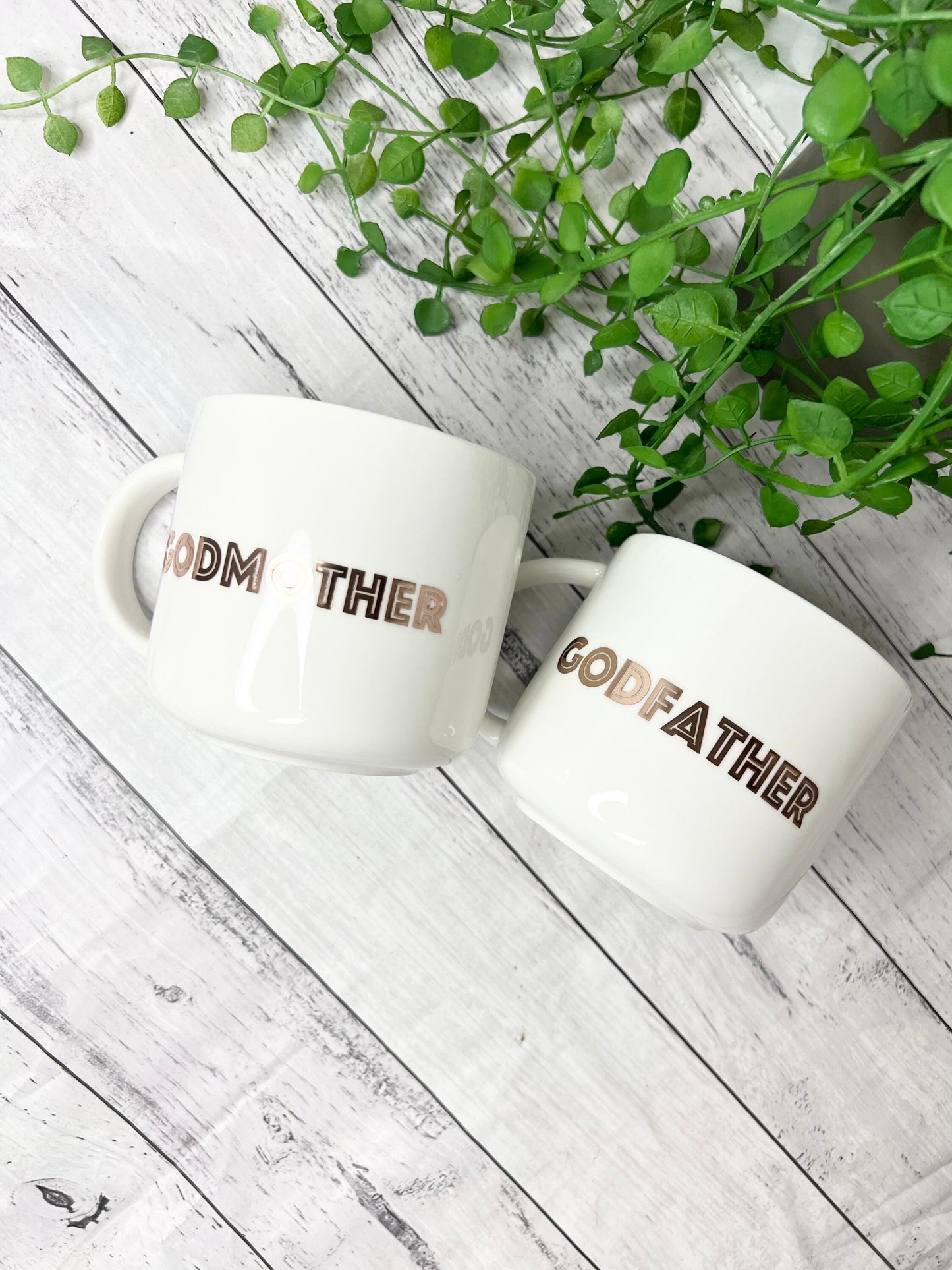 Godmother and Godfather 440ml mugs coffee cups gifts rose gold set bold font