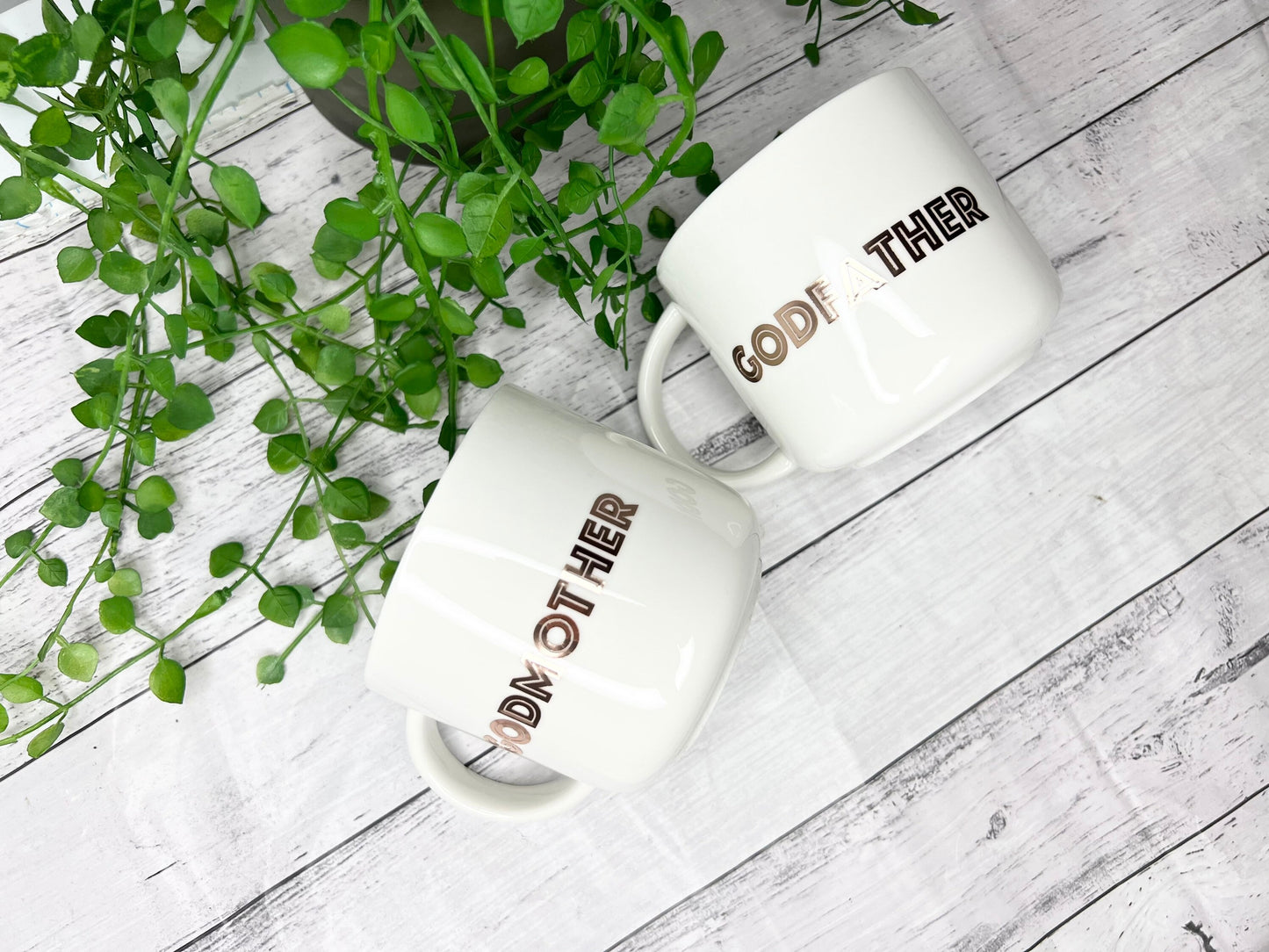 Godmother and Godfather 440ml mugs coffee cups gifts rose gold set bold font
