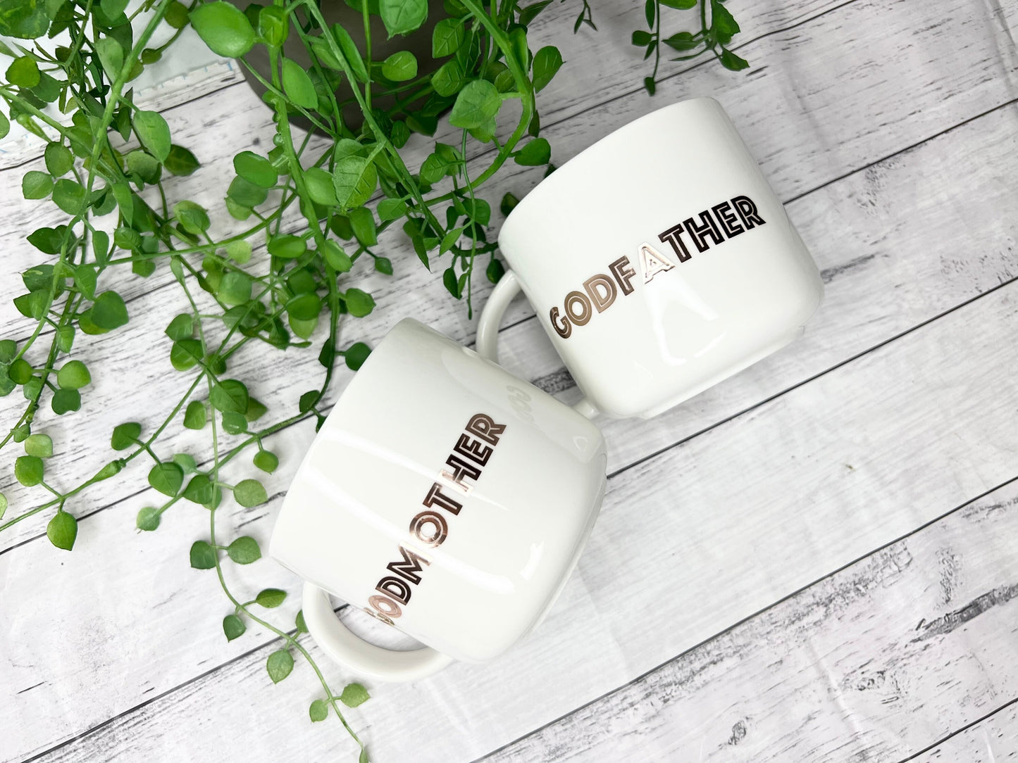 Godmother and Godfather 440ml mugs coffee cups gifts rose gold set bold font
