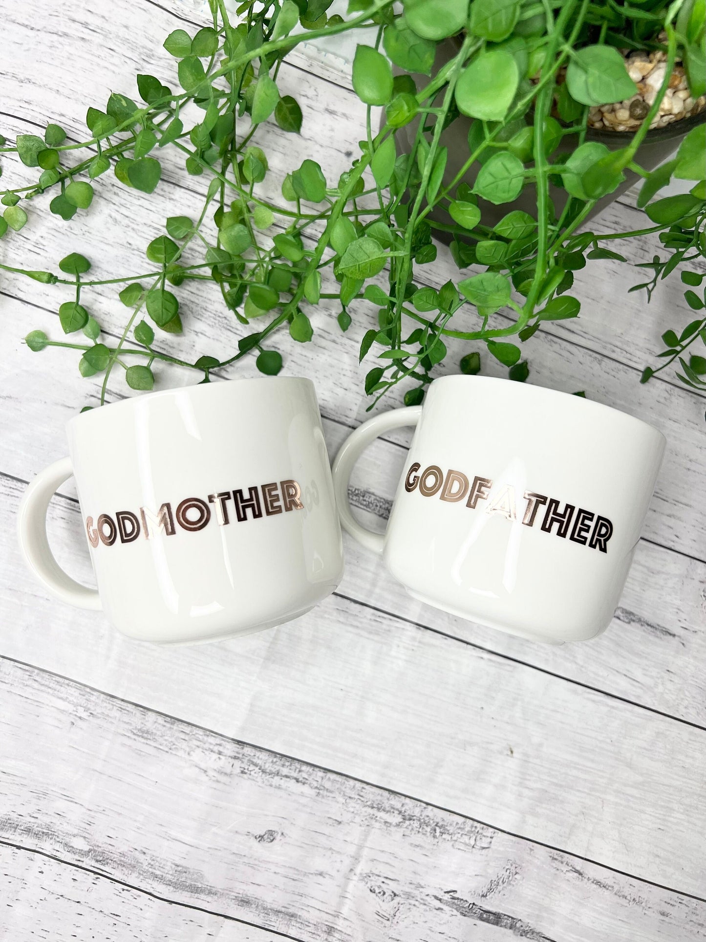 Godmother and Godfather 440ml mugs coffee cups gifts rose gold set bold font