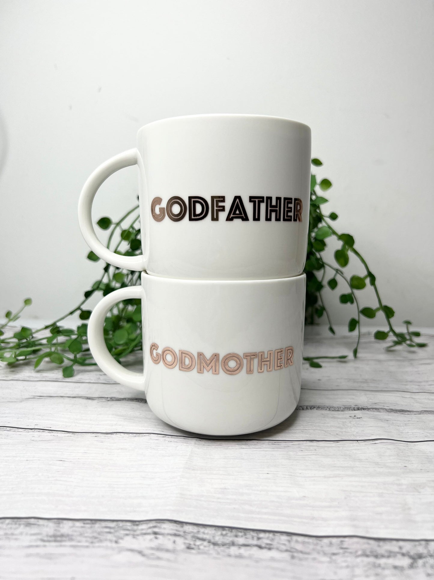 Godmother and Godfather 440ml mugs coffee cups gifts rose gold set bold font