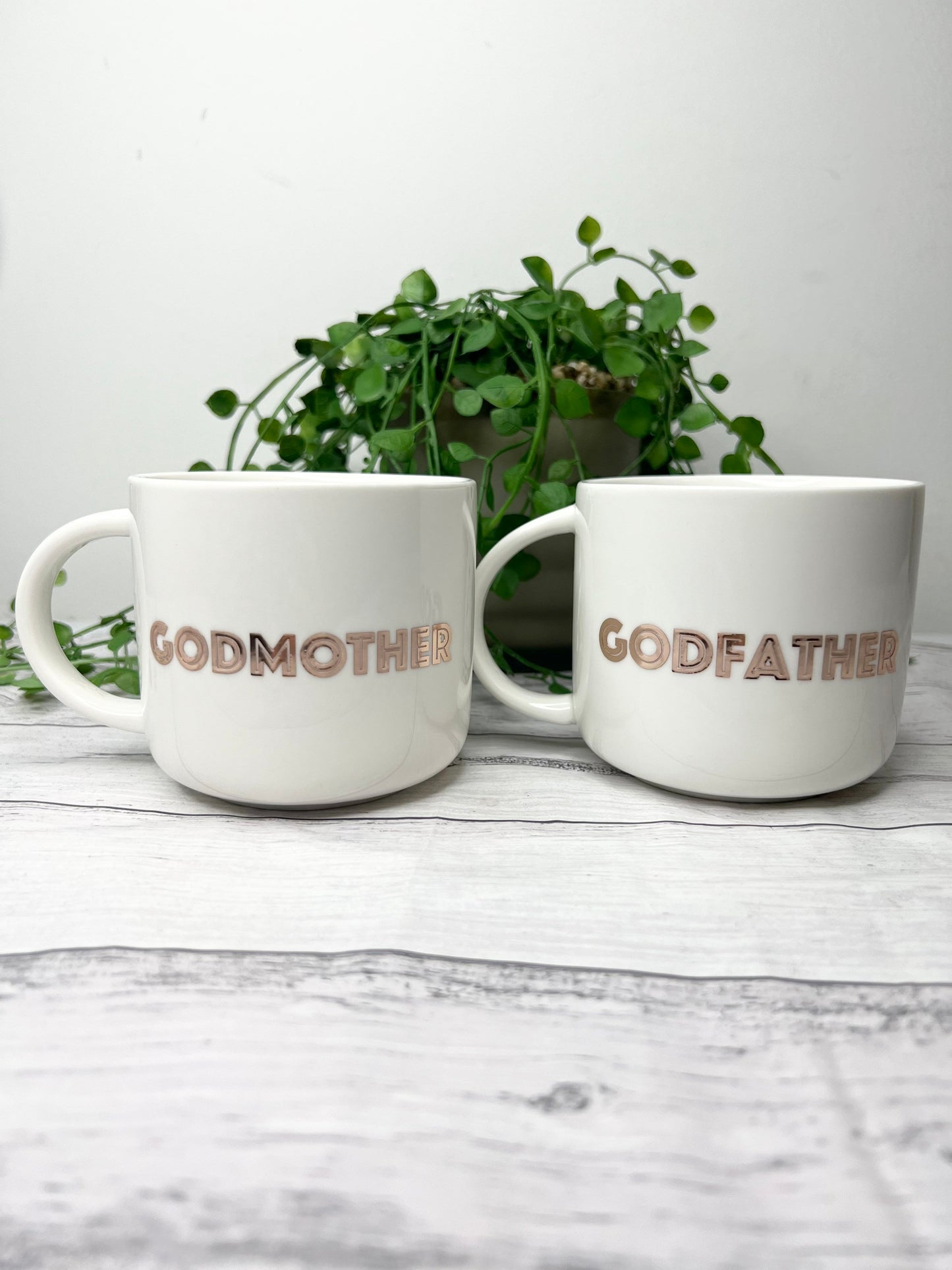 Godmother and Godfather 440ml mugs coffee cups gifts rose gold set bold font