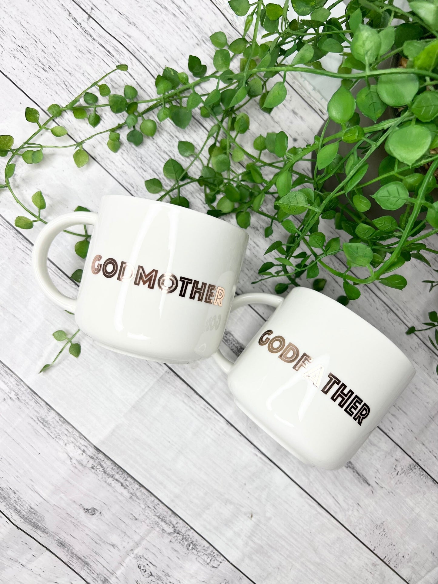 Godmother and Godfather 440ml mugs coffee cups gifts rose gold set bold font