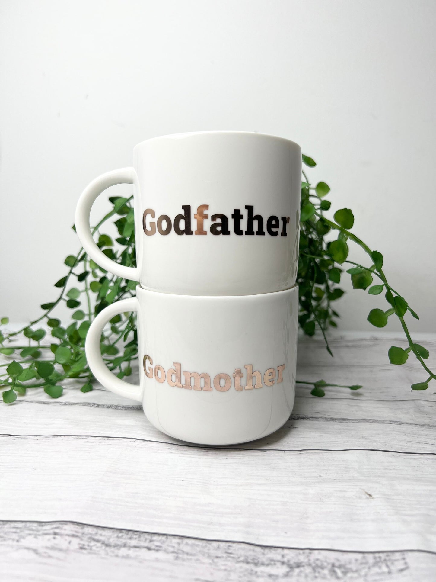 Godmother and Godfather 440ml mugs coffee cups gifts rose gold set Bold writing