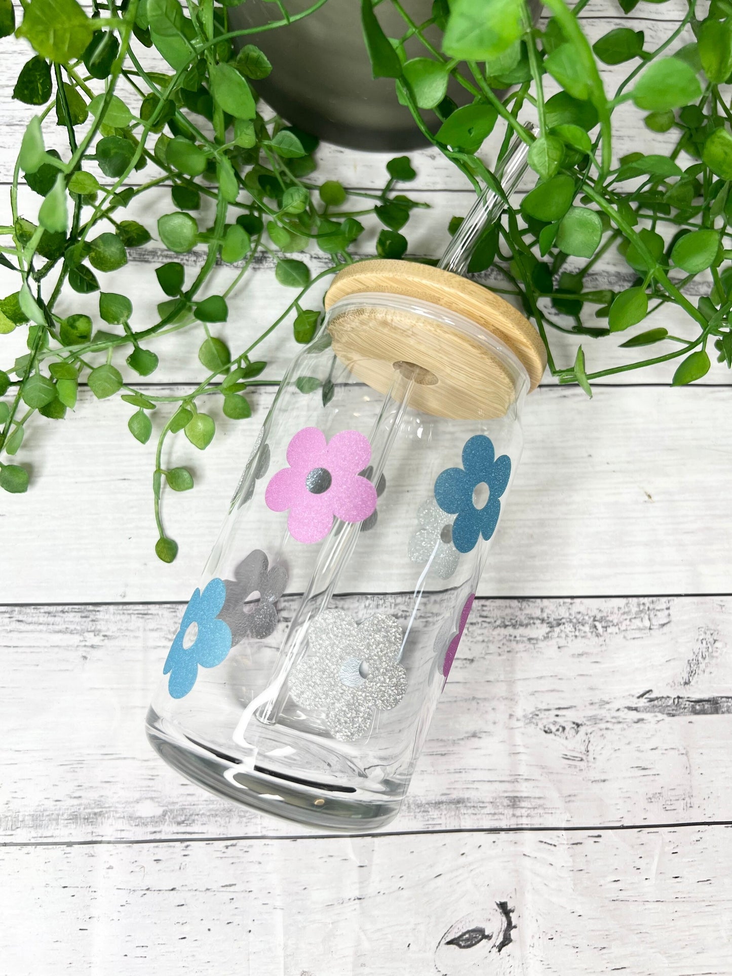 Daisy beer can ice coffee glass cup 470ml with bamboo lid and glass straw 16oz Pink Blue Silver