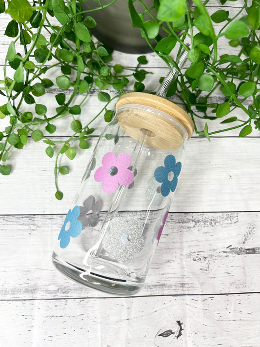 Daisy beer can ice coffee glass cup 470ml with bamboo lid and glass straw 16oz Pink Blue Silver