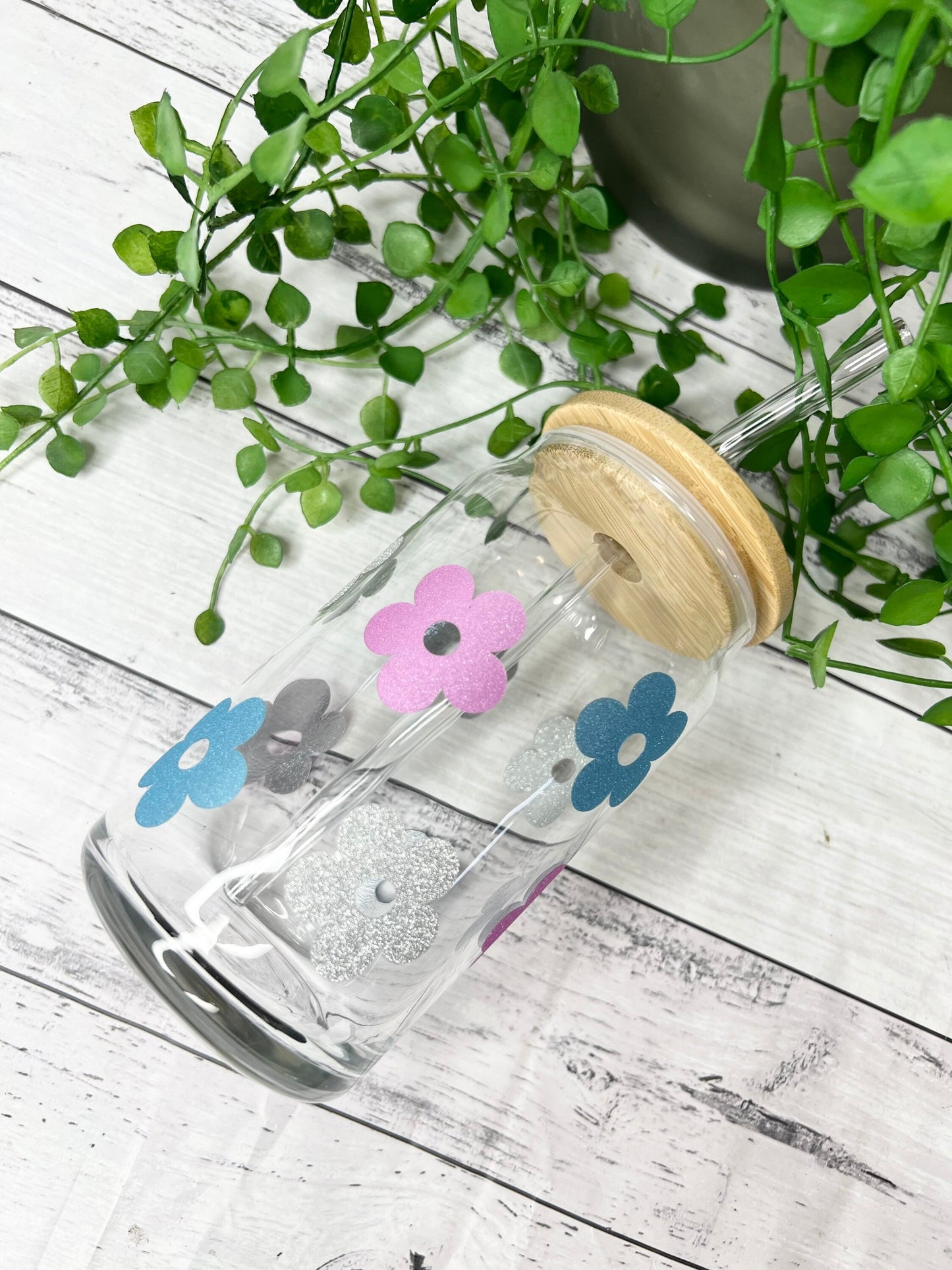 Daisy beer can ice coffee glass cup 470ml with bamboo lid and glass straw 16oz Pink Blue Silver