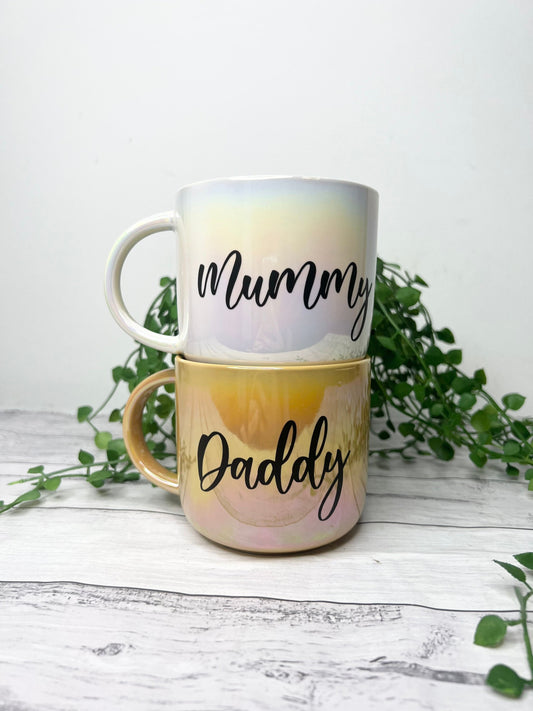 Mummy and Daddy  440ml mugs coffee cups set couple gift set White Chrome and Mustard Chrome