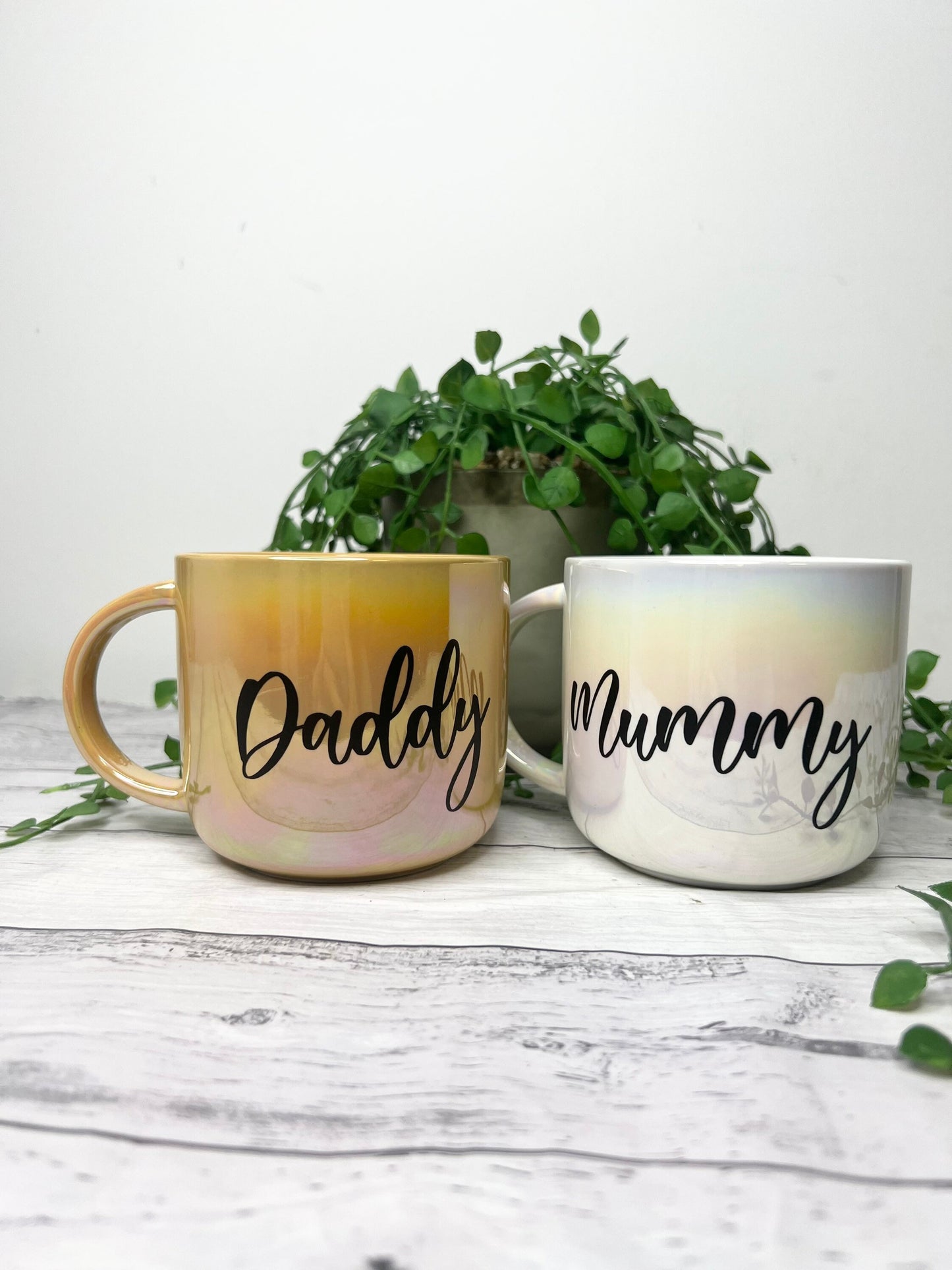 Mummy and Daddy  440ml mugs coffee cups set couple gift set White Chrome and Mustard Chrome