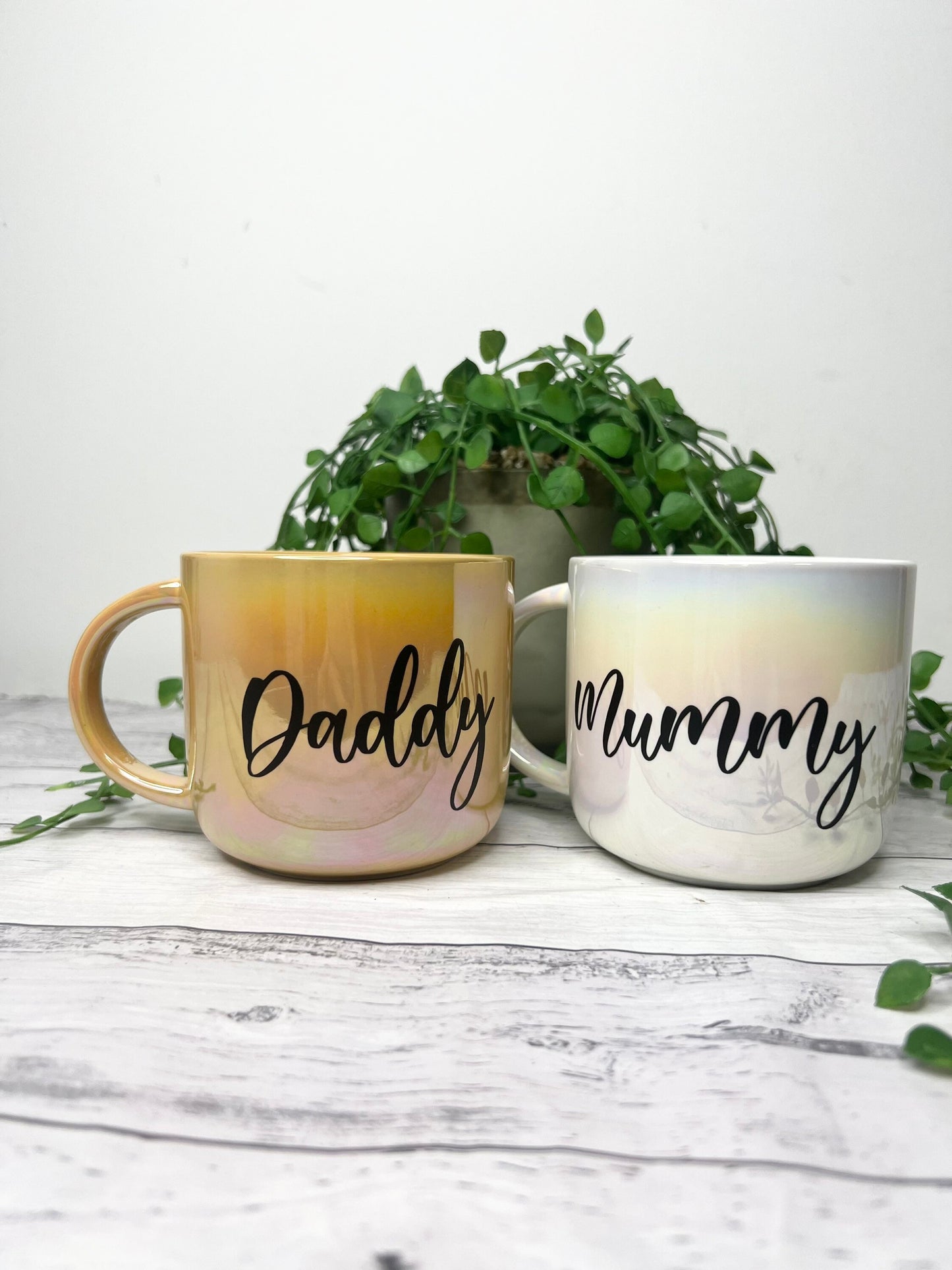 Mummy and Daddy  440ml mugs coffee cups set couple gift set White Chrome and Mustard Chrome