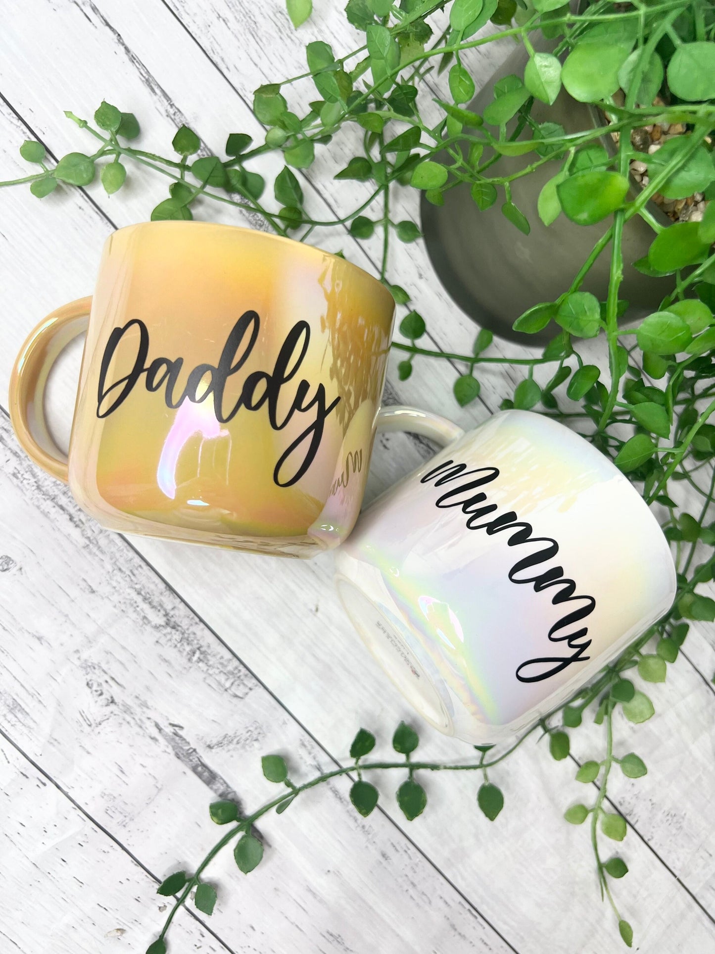 Mummy and Daddy  440ml mugs coffee cups set couple gift set White Chrome and Mustard Chrome