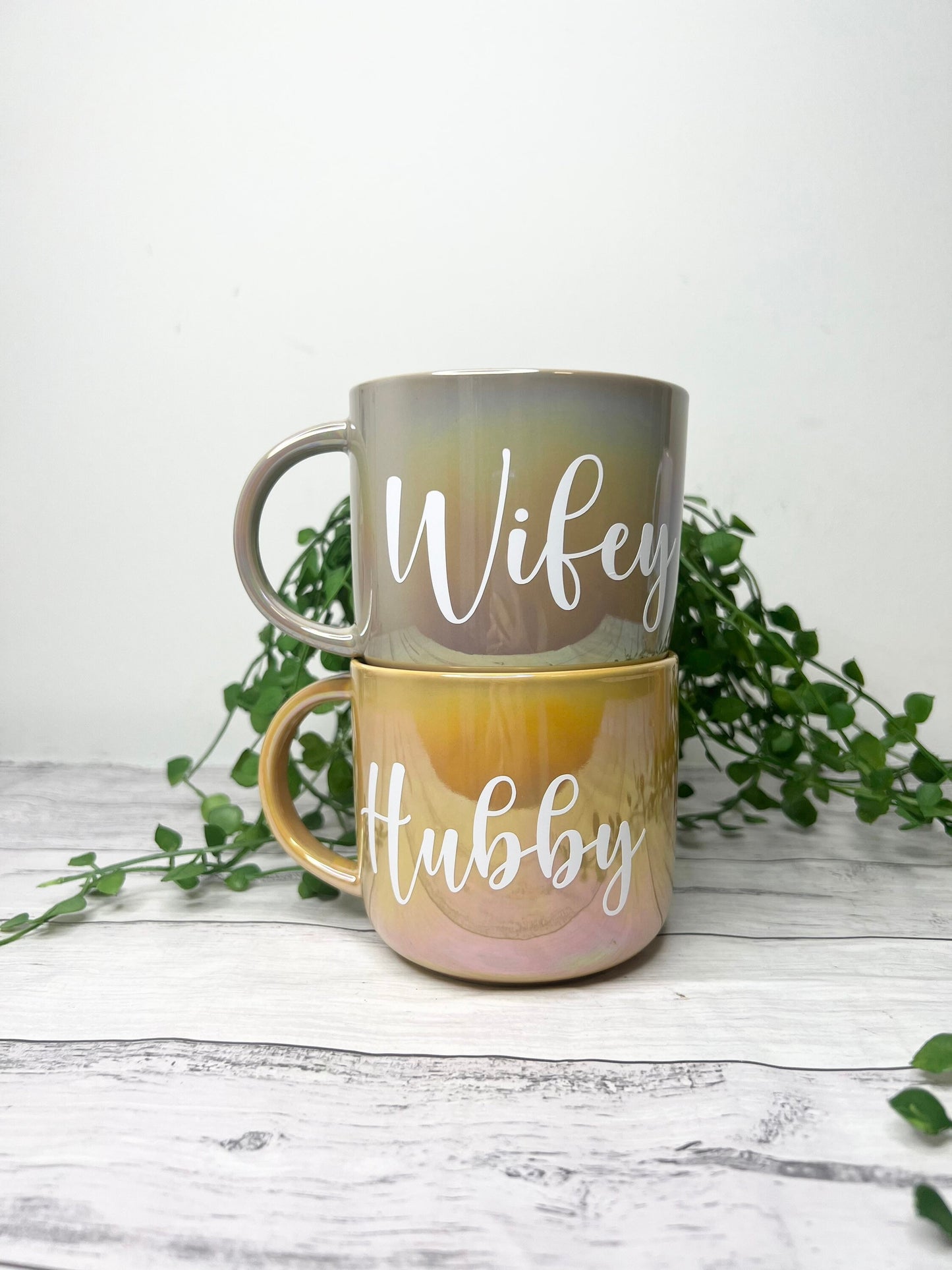Hubby and wifey  440ml mugs coffee cups set couple gift set Mustard Chrome and Beige Chrome